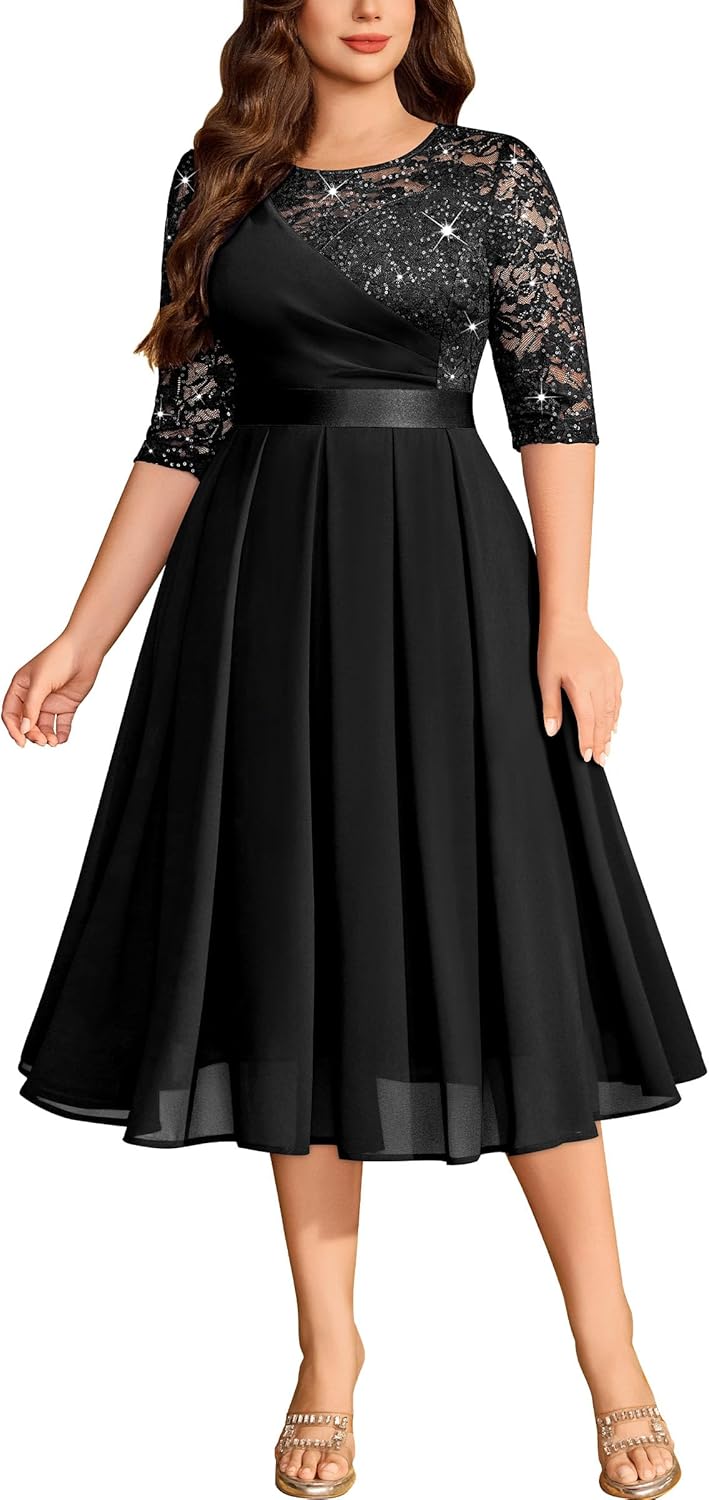 MISSMAY Women's Plus Size Sequin Lace Contrast Pleated Chiffon Wedding Guest Formal Dress