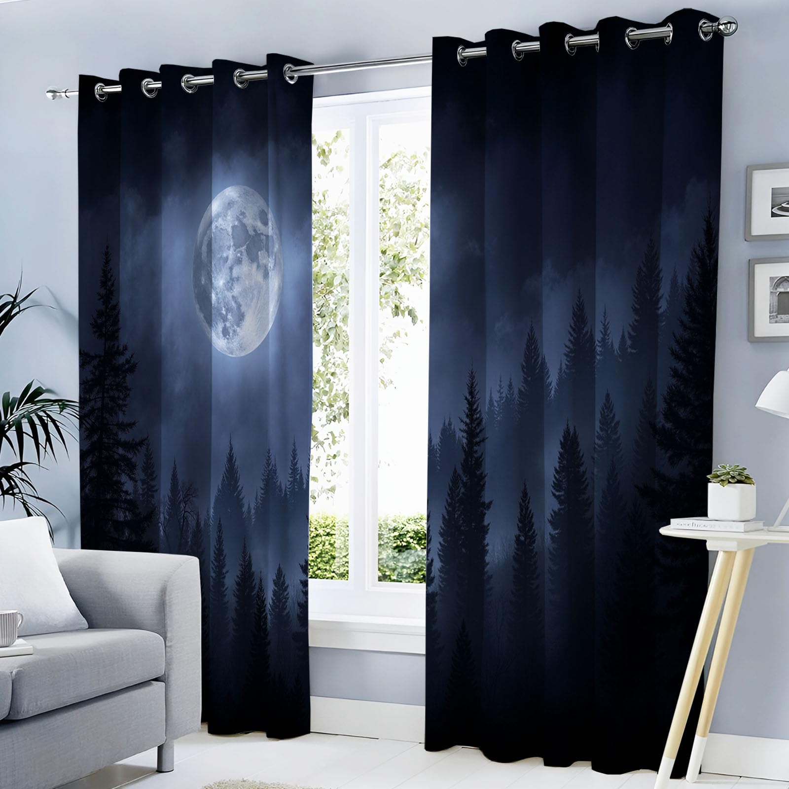 Naturwald Schallschutz Blickdichte Vorhänge Wohnzimmer, Nebelmond Verdunklungsvorhänge, Blauschwarz Thermovorhang Mit Ösen Schlafzimmer - H215 x B110 cm (2er Pack)