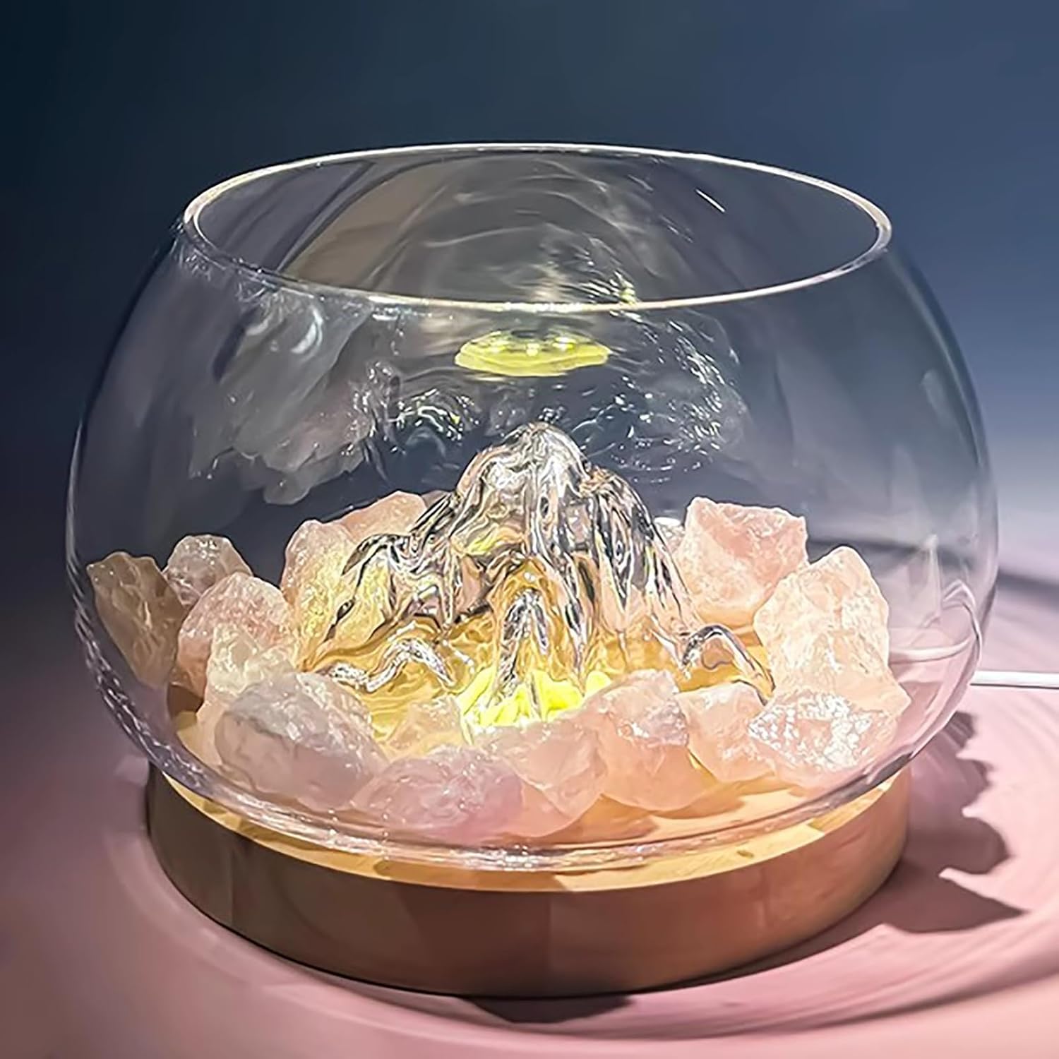 Decorative Glass Betta Aquarium with Mountain Landscape – Desktop Fish Tank with Crystal or Diamond Ornaments for Home & Office Décor(Pink) - Image 1 of 7