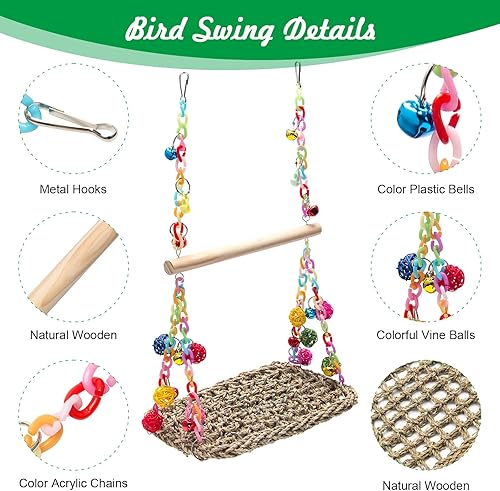 Bird Swing Toys Coolrunner Bird Hammock Bed Hanging Swing Nest Cotton Weave Hemp Rope Bird Seagrass Swing Toys with Colorful Bells Bird Swing Toys for Parakeets, Budgie, Conure, Cockatiel
