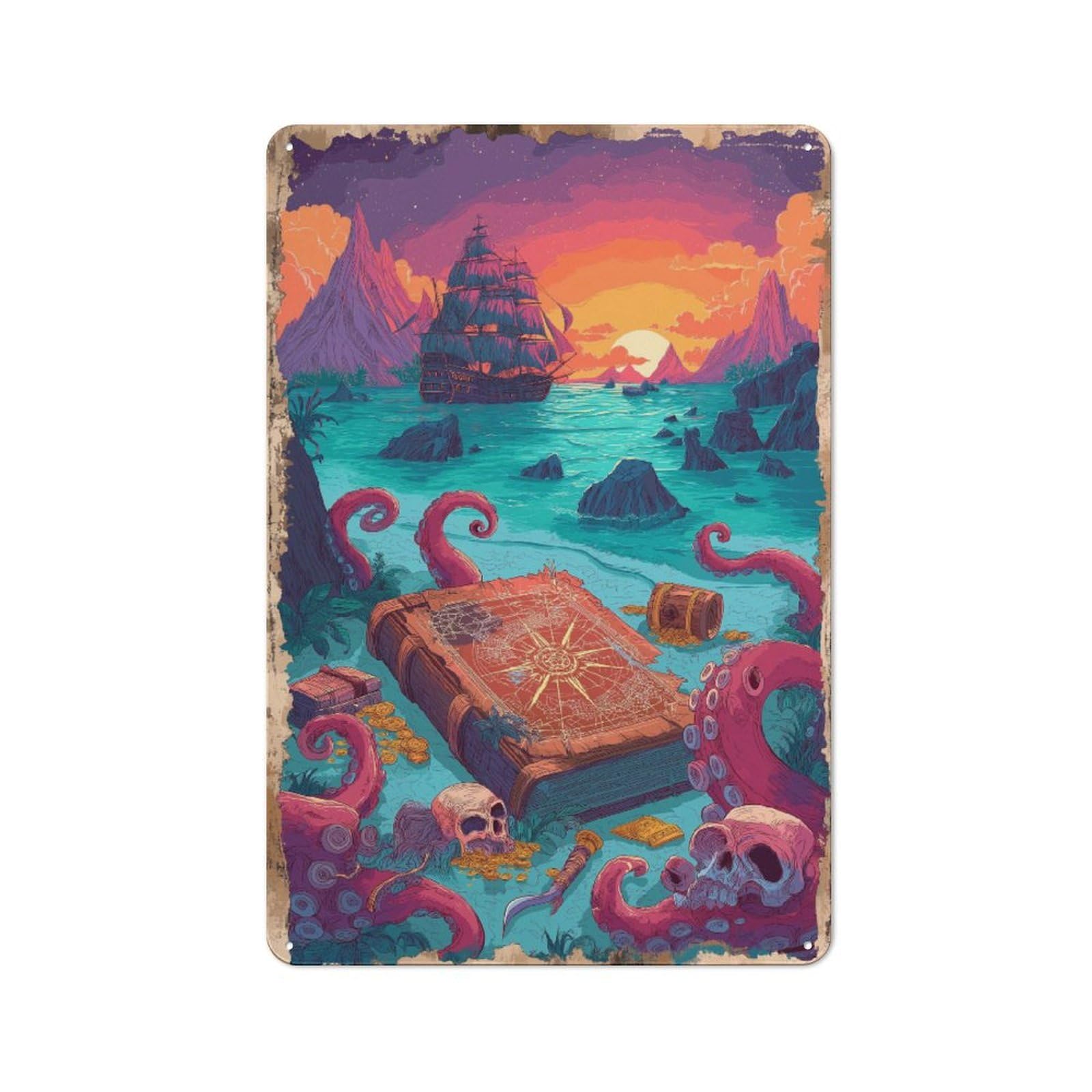 Junmoney Treasure Map Abyss Printed Metal Sign 30X20cm For Kitchen Or Home Bar, Housewarming Present For People Styling Kitchen And Home Bar