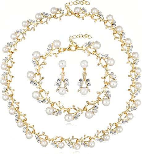 la luen Juego de joyas de boda de perlas de imitación, collar de diamantes de imitación de cristal, aretes, pulseras para mujeres, damas de honor,