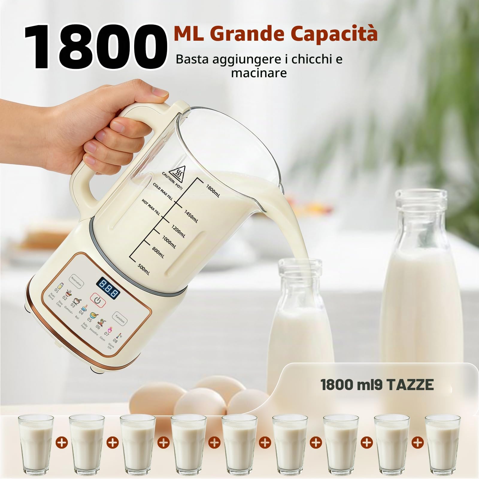 Macchina latte vegetale 1500ml, Latte di soia 8 funzioni, Autopulizia | Macchina automatica per latte di noci e mandorle, con autopulizia, ideale per soia, avena e bevande vegetali fatte in casa