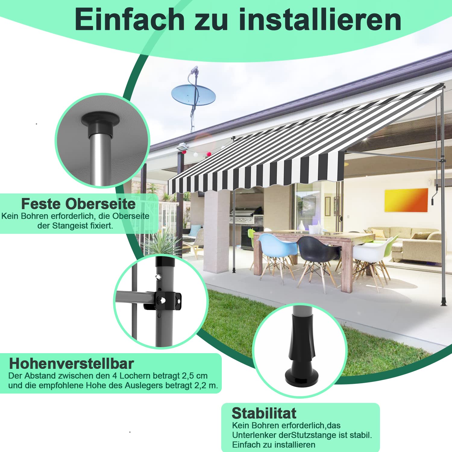 Ikodm Markiza zaciskowa z korbą ręczną, 250 x 120 x 200-300 cm, biało-szara, markiza balkonowa bez wiercenia, odporna na działanie promieni UV, regulacja wysokości 30+, ochrona przed słońcem, wodoodporna, łatwy montaż
