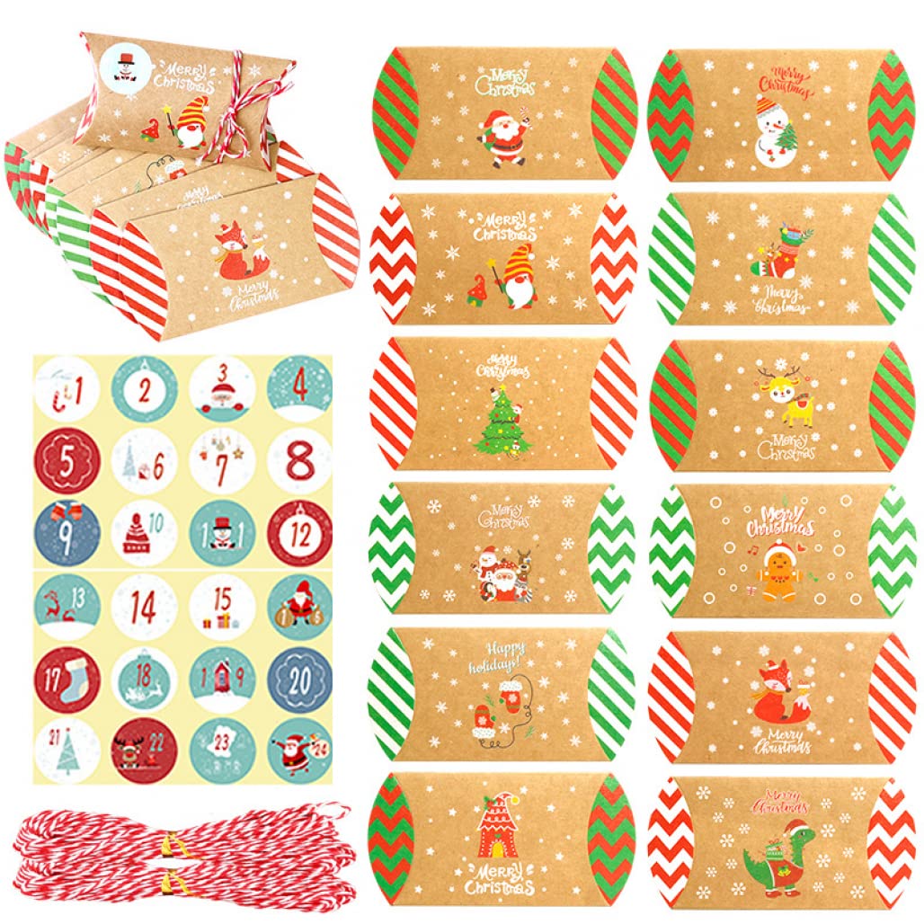 Goodern 24 Pcs Christmas Small Boxes,Pillow Gift Boxes with Jute Rope and Stickers,Kraft Pillow Boxes Gift Wrap Boxes,Christmas Kraft Gift Bags,Candy Gift Paper Bags for Christmas Party Supplies