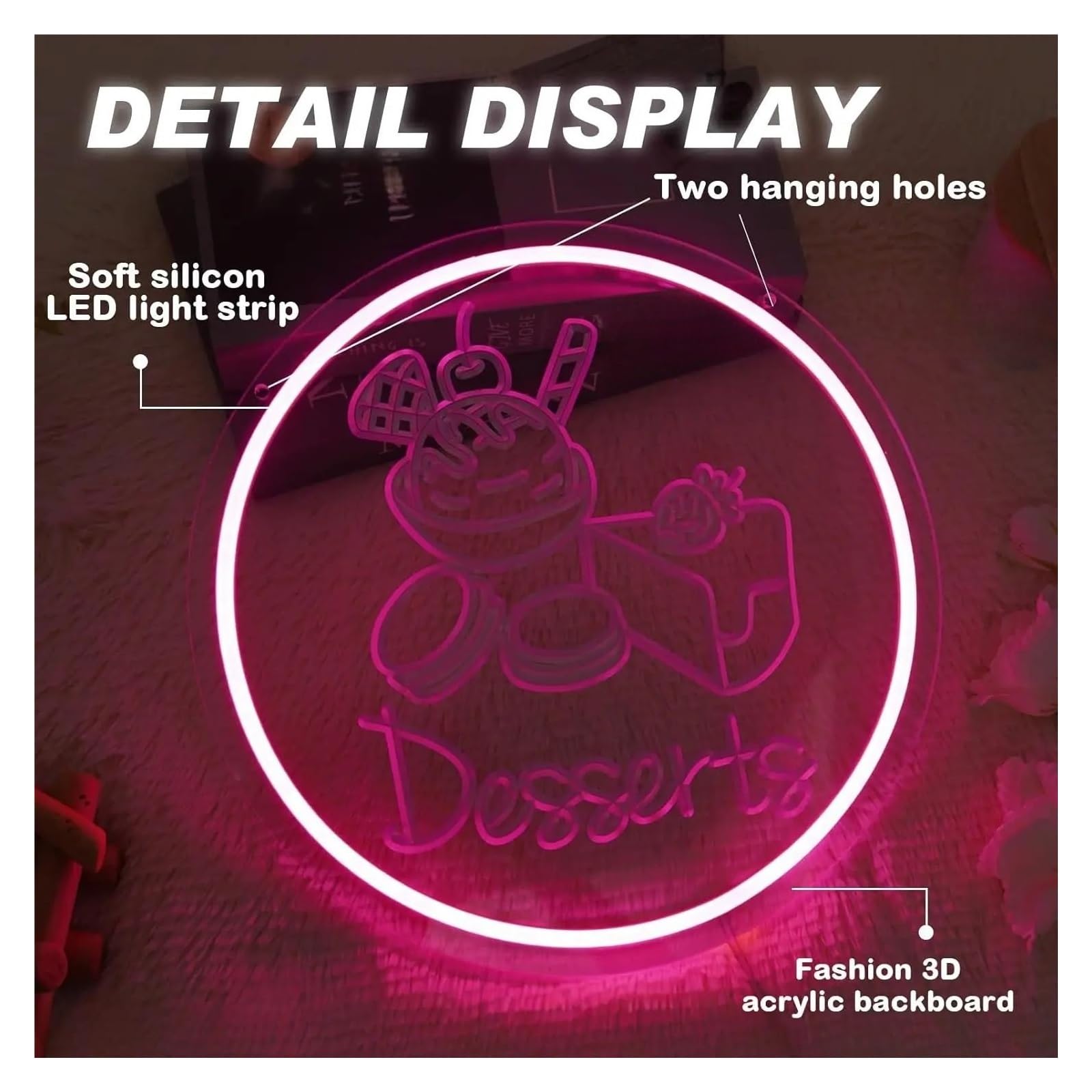 Decoración de Fiesta con Letrero de neón Letrero De Neón Desserts con Helado, Pastel, Grabado 3D, Luz USB, Decoración De Pared Iluminada para Panadería Cafetería Tienda De Postres 36cmx36cm