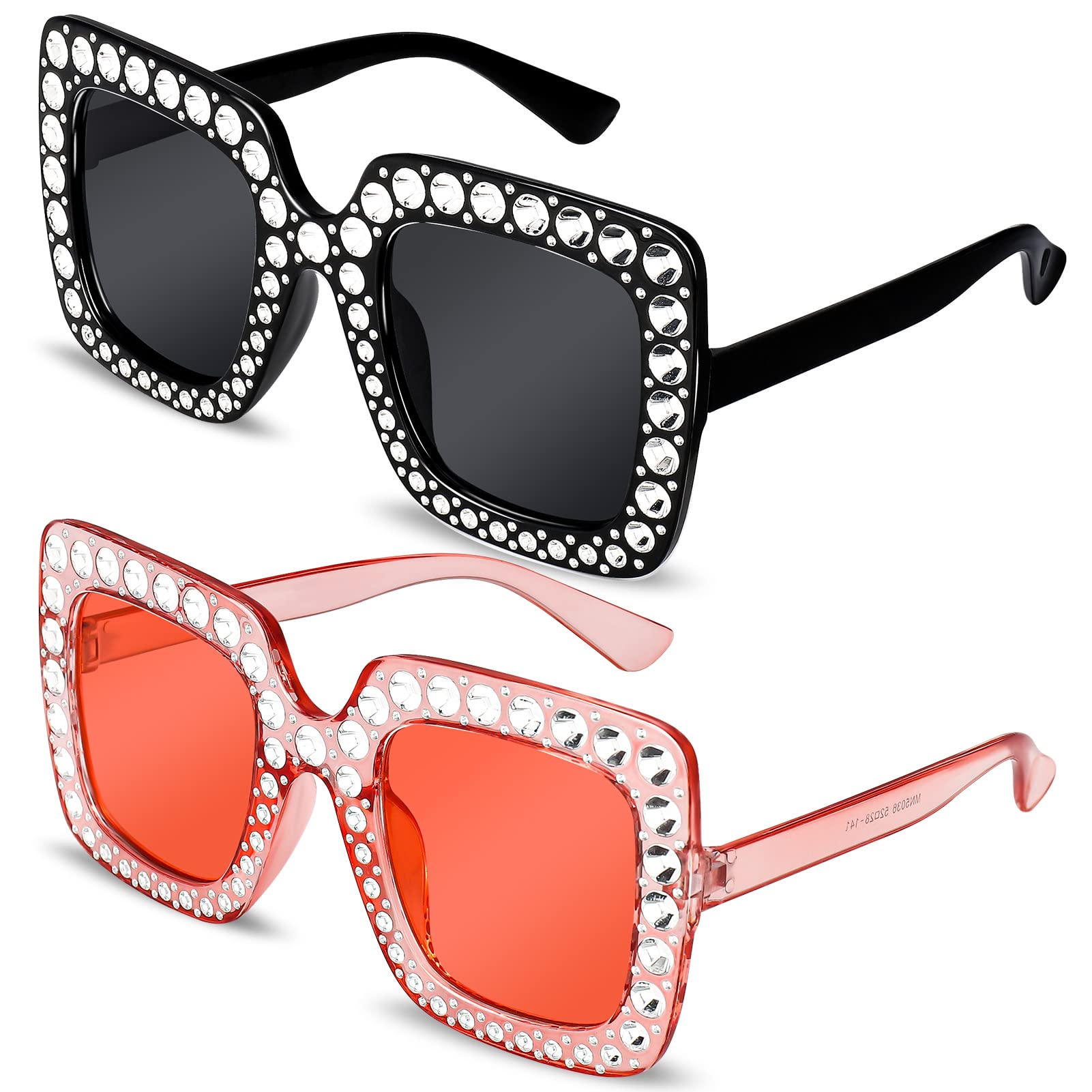 2 Pack Oversized Rhinestone Sunglasses, Unisex Crystal Sunglasses Thick Frame Sparkling Crystal Sun Glasses for Men Women