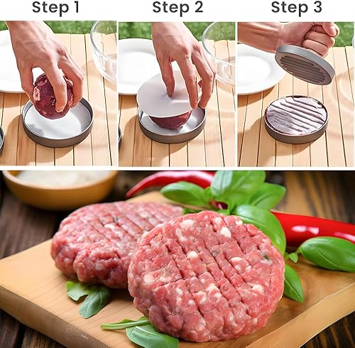 Miniatura 3 de Prensa de hamburguesas, máquina de hamburguesas para hacer hamburguesas, molde antiadherente para hacer hamburguesas con 100 papeles de hamburguesa