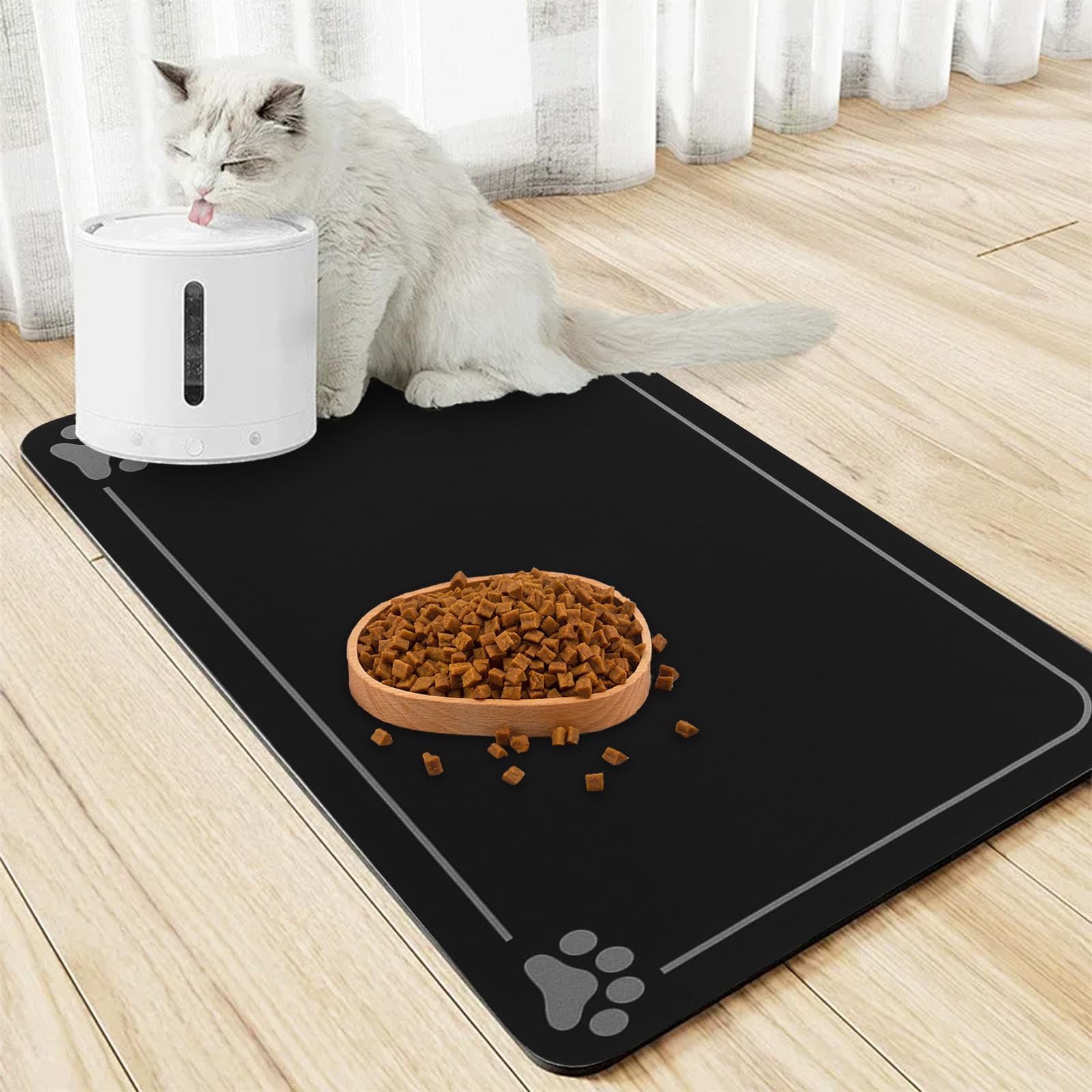 Tappetino per ciotola, tappetino per ciotola per cane e gatto, tappetino antiscivolo, assorbente, ad asciugatura rapida e facile da pulire (nero,40x60cm)