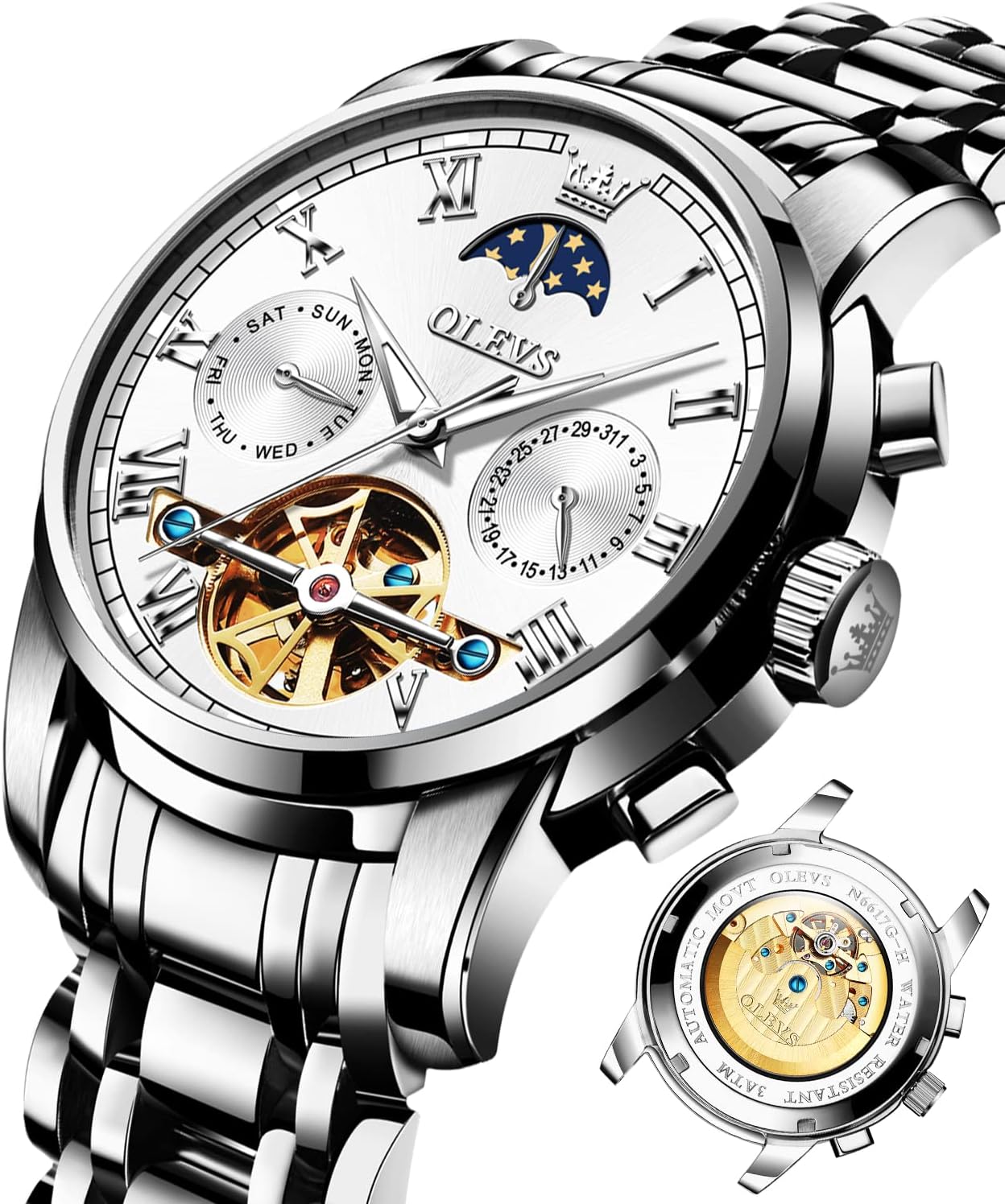 Men's Automatic Mechanical Watch Luxury Dress Waterproof Self Winding Moon Phase Chronograph Stainless Steel Luminous Date Tourbillon Wristwatch for Men