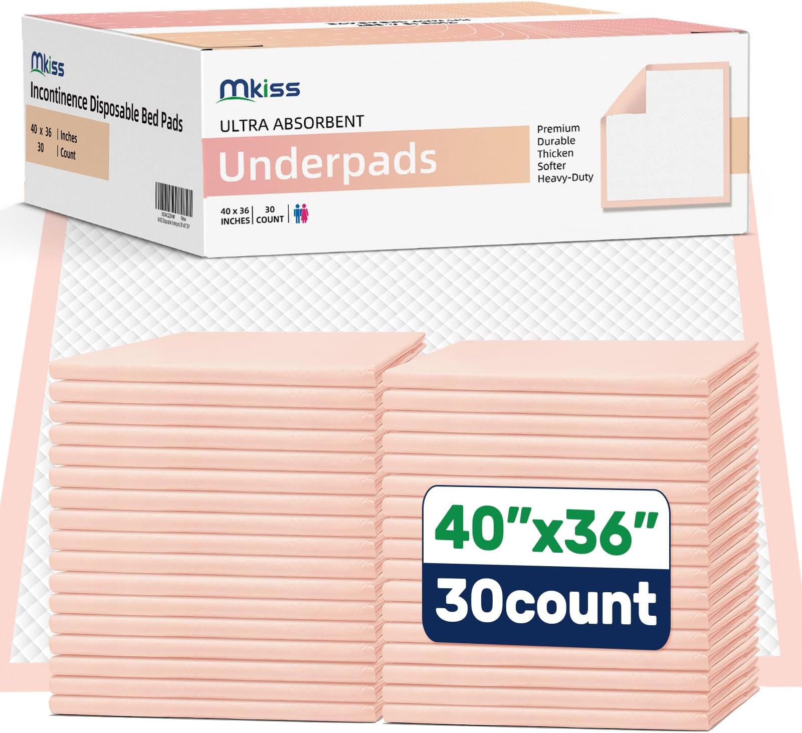 MKISS Extra Large Bed Pads 40" x 36"(30 Count), Disposable Super Absorbent Heavy Duty Incontinence Underpads, Thicken Chucks Pads for Adults, Children, Babies, Elderly and Pets