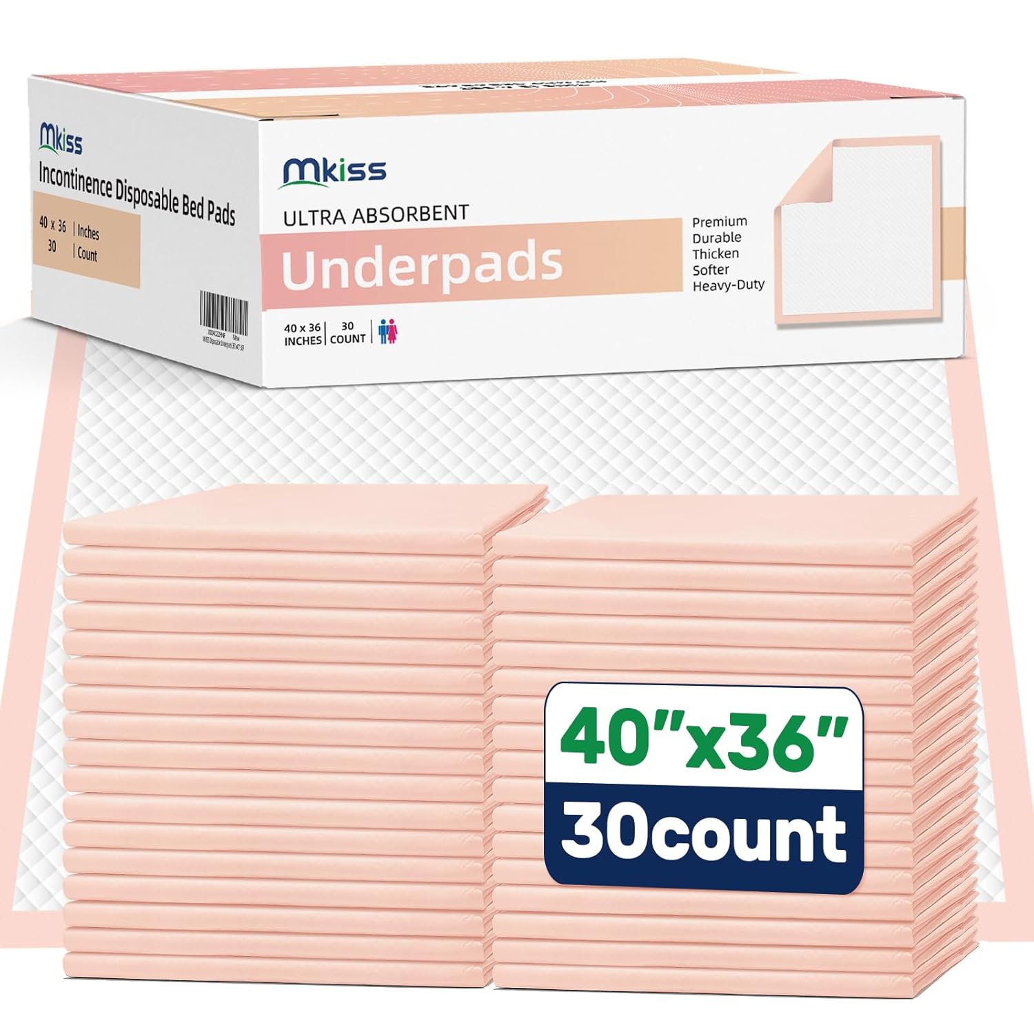 MKISS Extra Large Bed Pads 40 x 36 30 Count Disposable Super Absorbent Heavy Duty Incontinence Underpads Thicken