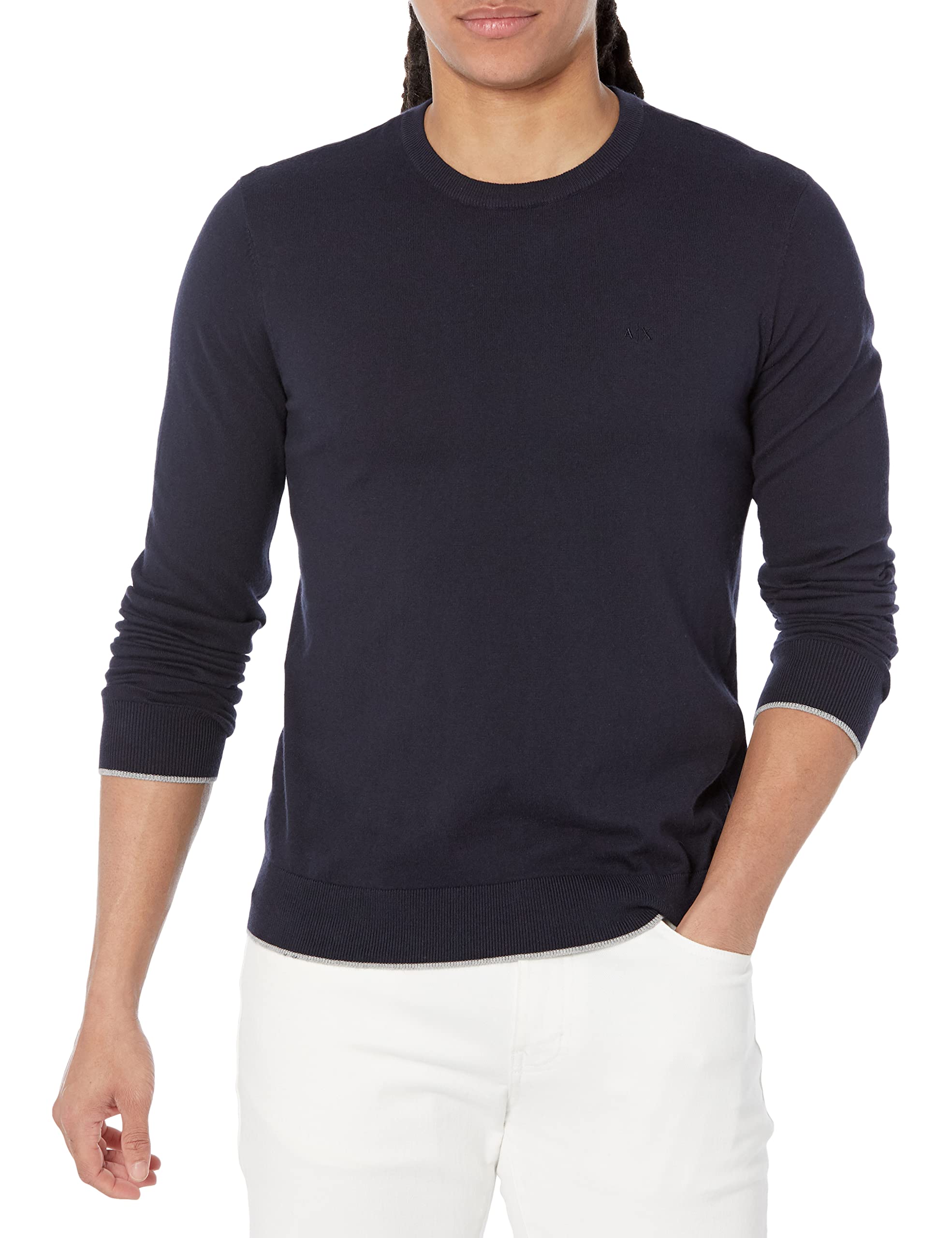 Armani Exchange Man Crew Neck, Front Embroidered sur Ton Logo Sweater, Blue, XXL