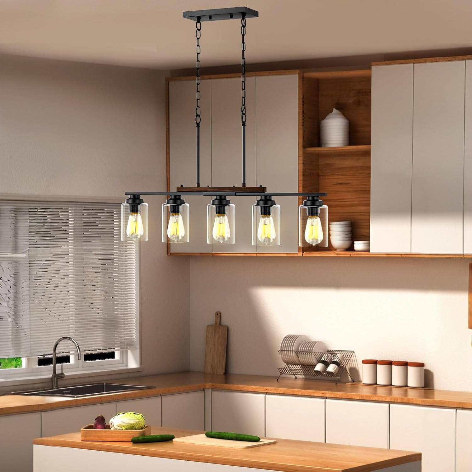 Dining Room Light Fixture, 5-Light Kitchen Island Lighting Modern Farmhouse Chandelier Over Table, Black Rustic Wood Ceiling Pendant Lights Kitchen Island with Clear Glass Shade & Adjustable Height