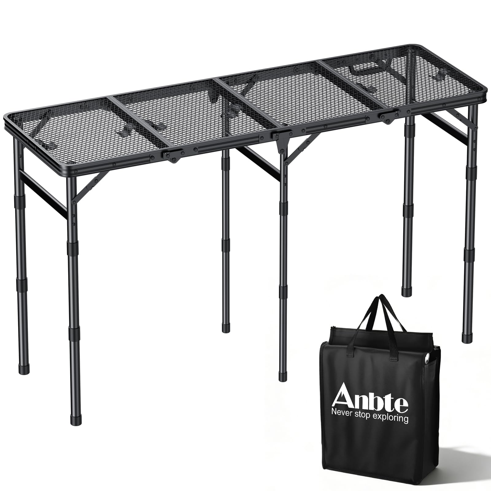 Anbte Folding Grill Table, 3 Adjustable Height Folding Camping Table with Heat-Resistant Mesh Tabletop, Lightweight Portable Handle for RV Camping, Outdoor Garden BBQ, 116 x 40cm, Black