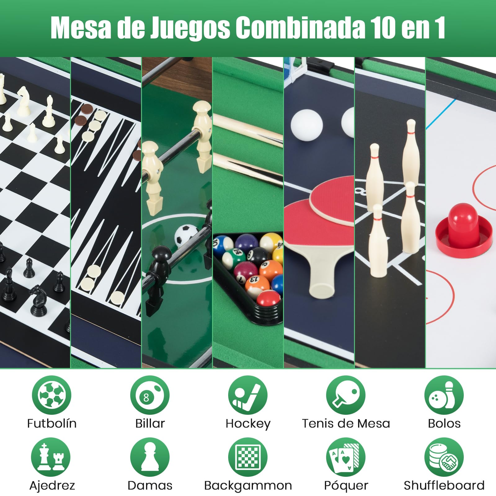 GOPLUS Mesa de Juegos 10 en 1, Mesa Multifuncional con Futbolín, Hockey de Aire, Billar, Ping Pong, Shuffleboard, Bolos, Ajedrez, Damas, Backgammon, Set Apilable para Hogar, Oficina, Bar
