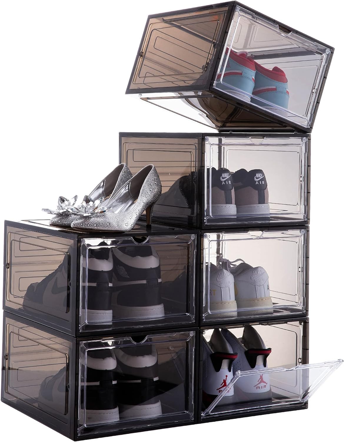 Shoe Box Shoe Large Storage Organizer Shoe display Case with Magnetic Door,Set of 6，Stackable Plastic Box with Clear Door,For Display Sneakers,Boot&High Heels,Easy Assembly,Fit up to US Size 12,Black