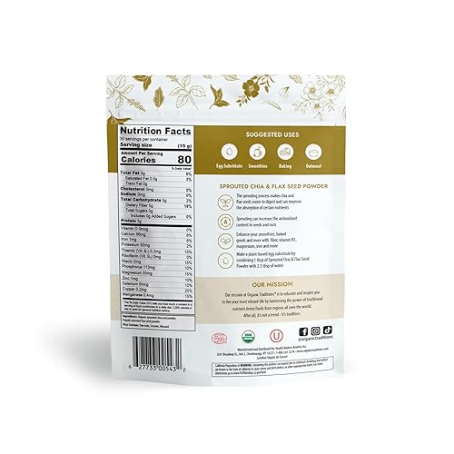 Miniatura 5 de Organic Traditions Chía germinada y semilla de lino en polvo orgánico chía y lino orgánico para superalimento sin OMG a base de plantas, bolsa de