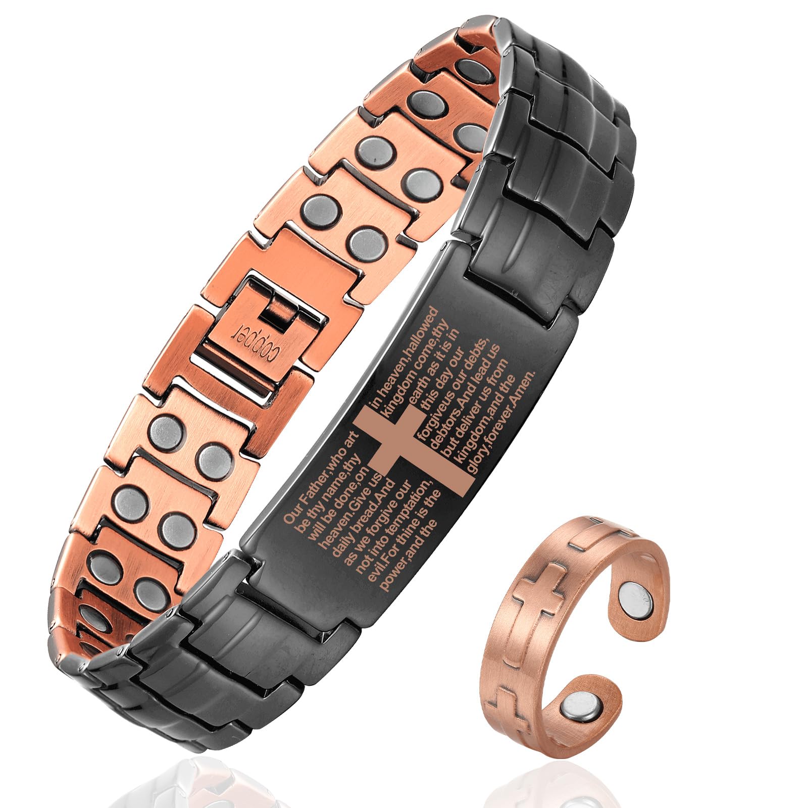 Fashtour Copper Cross Bracelet for Men - Ultra Strength Magnetic Mens Cross Jewelry Set - Adjustable Magnetic Bracelet with Sizing Tool Jewelry Box