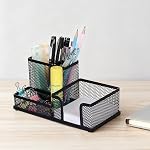 Comix Mesh Pen Pencil Holder Desk Organizer, 3 Compartment Wire Desktop Pen Pencil Cup Caddy Office Supplies Desk Accessories for Home Office School, Black
