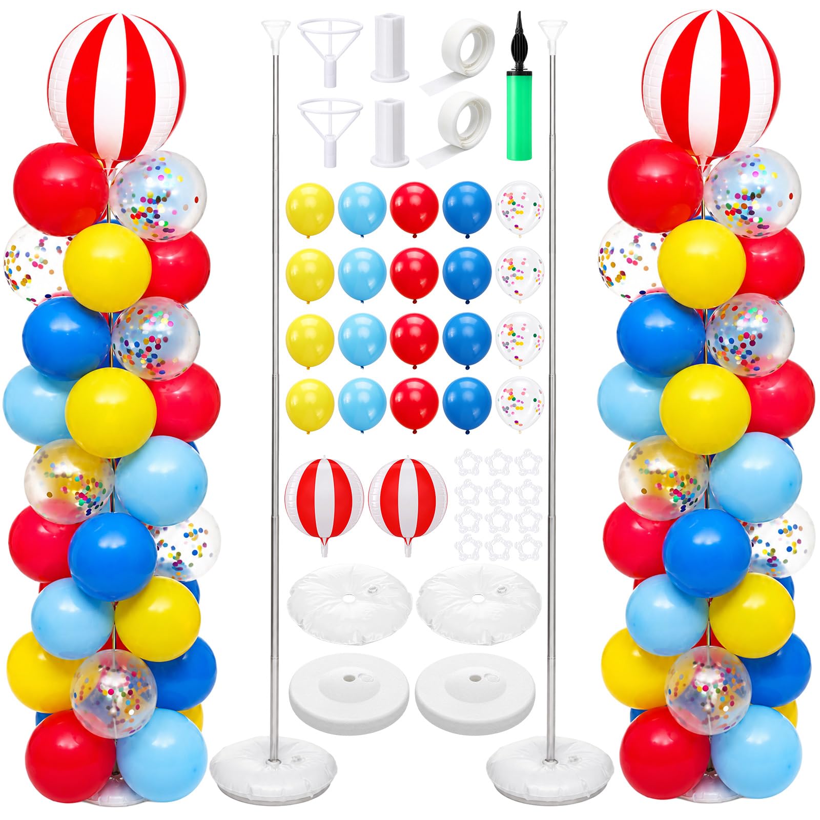 Hungdao Juego de 2 soportes de columna de globos de circo de carnaval, tubo de metal ajustable de 2 m con soporte de torre de globos a rayas rojas y blancas con bases para carnaval, suministros de