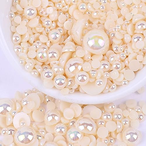 Perlas planas para manualidades, 1.76 oz de color amarillo marfil AB medias perlas para manualidades, tamaño mixto de 345680.394 in, cuentas de
