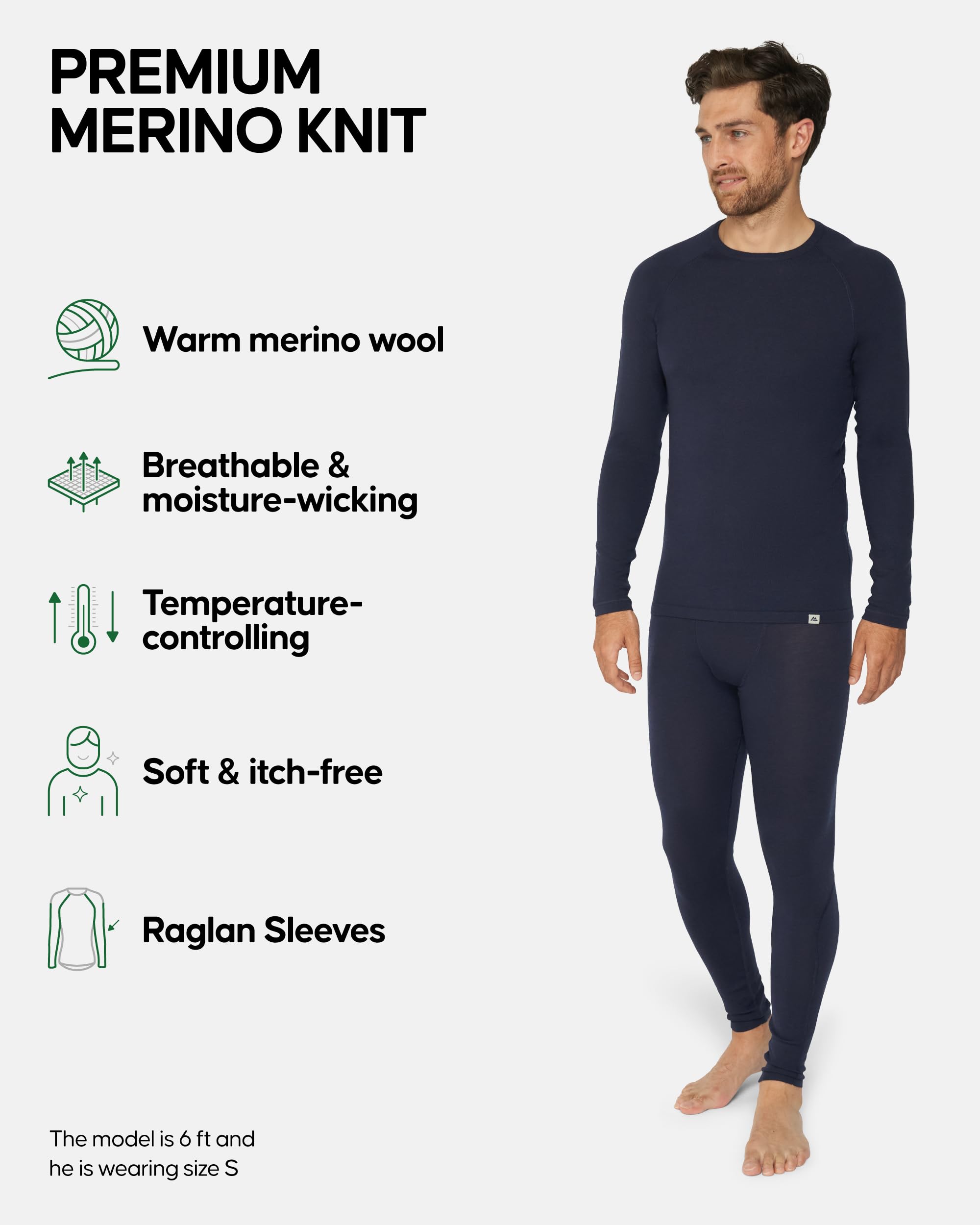 DANISH ENDURANCE Intimo Termico Uomo Lana Merino, Maglia Termica Uomo e Pantaloni Termici, Calzamaglia Termica Uomo Invernale per Sci, Trekking