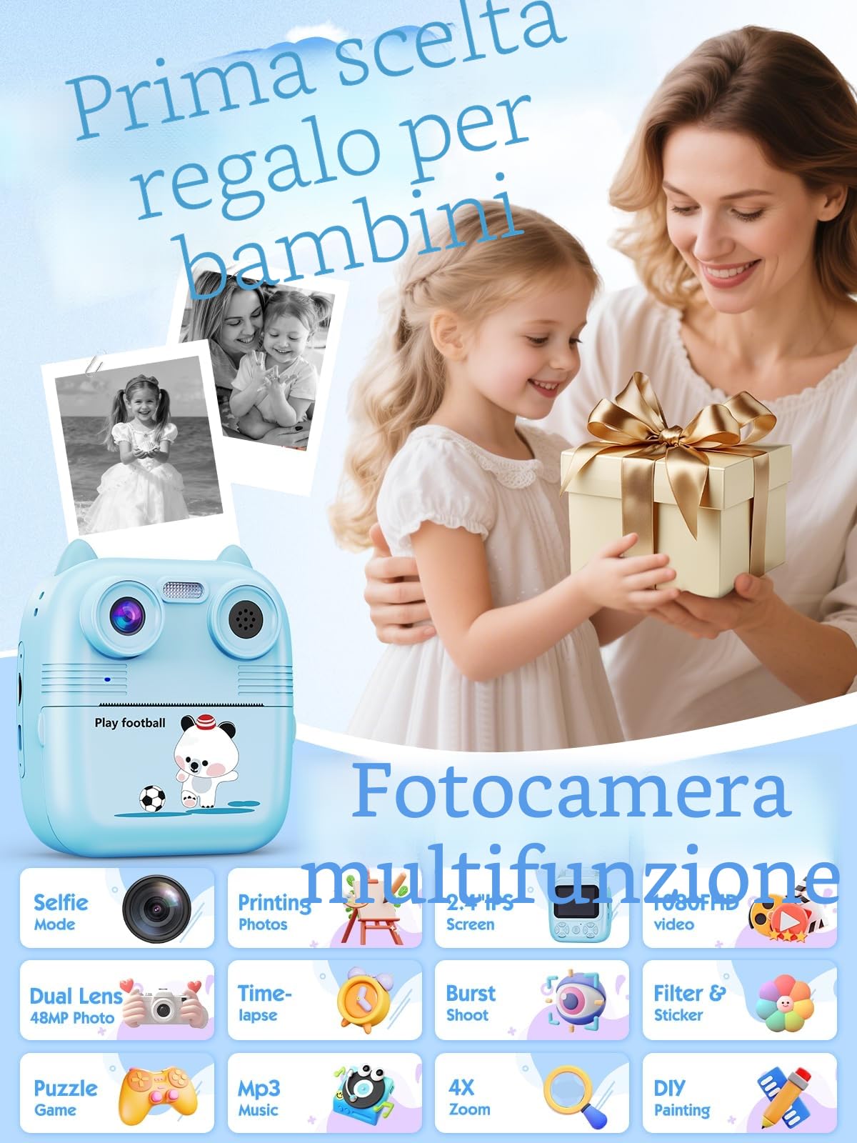 Macchina Fotografica Bambini Istantanea, 48MP e 1080FHD Dual-Camera Obiettivo Fotocamera Digitale con 4 Rulli di Carta da Stampa 2,4 Pollici IPS Schermo di Protezione Oculare 32GB Scheda (Blu)