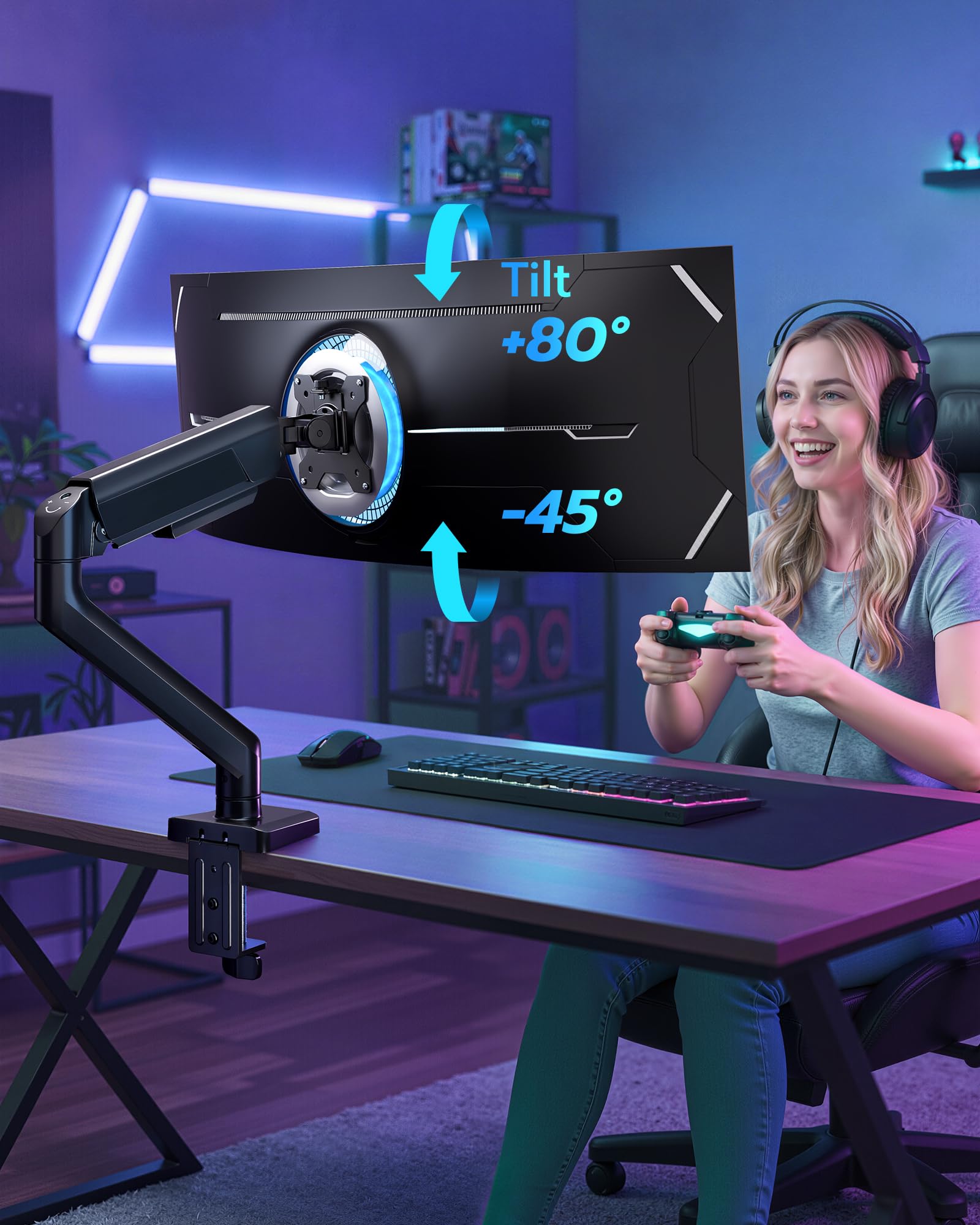 ARES WING Braccio per monitor singolo resistente, completamente regolabile, per schermi Ultrawide da 17"-40" fino a 12 kg, con morsetto/occhiello da scrivania e USB A/C, supporto Vesa 75/100, nero