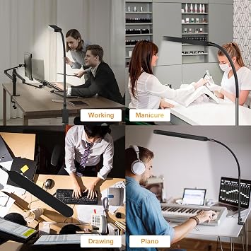 SKYLEO Desk Lamp - LED Desk Light - Flexible Gooseneck - 5 Color Modes X 11 Brightness Levels - 1300LM - Timmer & Memory Function - 12W Clip on Light - Black | 5 Color Modes X 11 Brightness Levels - 1300LM - Timmer & Memory Function - 12W Clip on Light