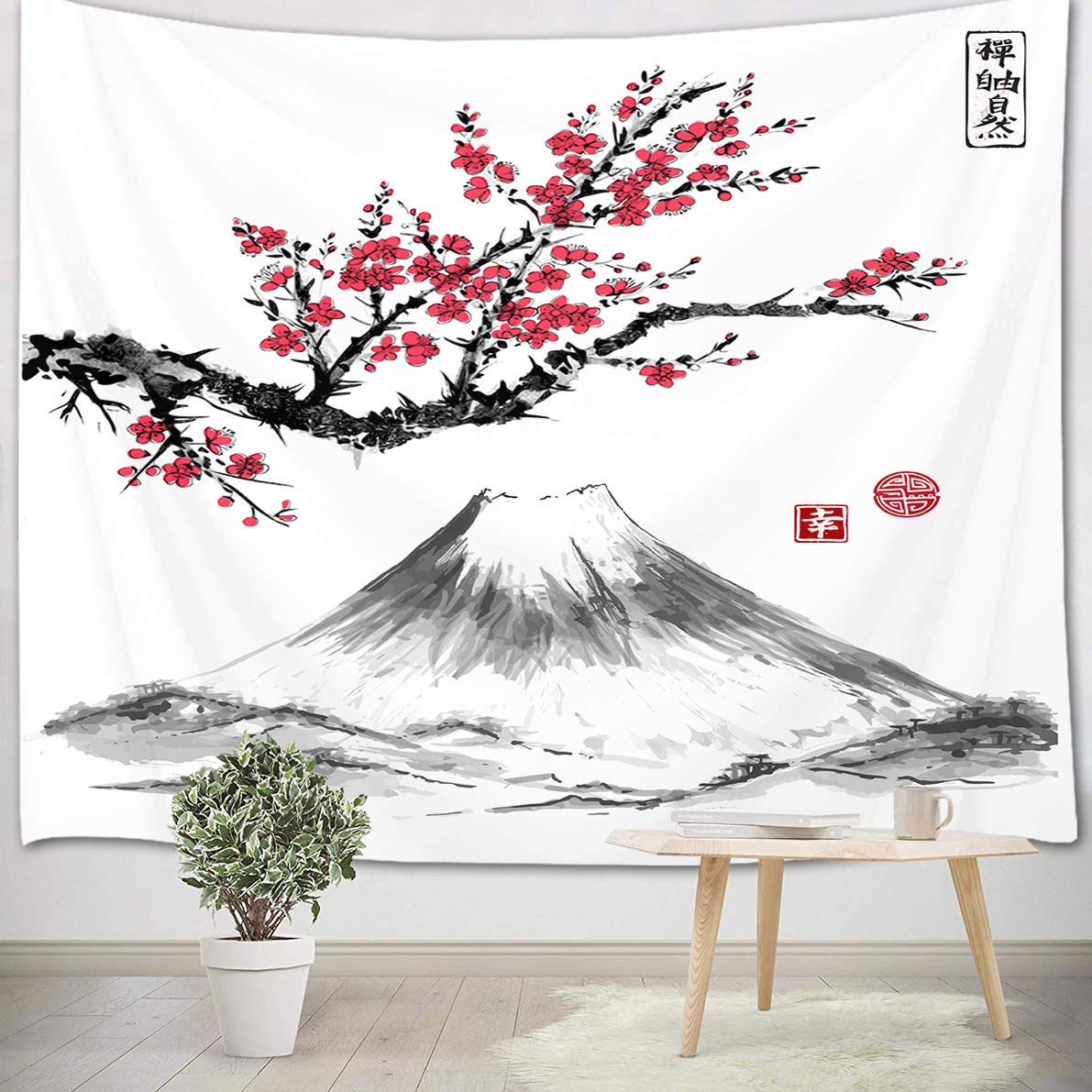 LB Japanese Mountain Tapestry Red Flower Wall Hanging Tapestry Black White Grey Tapestries for Living Room Bedroom Dorm Wall Decor,59x39 inch
