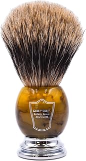 Parker Safety Razor 100% Pure Badger Bristle Faux Horn Handle Shaving Brush with Brush Stand
