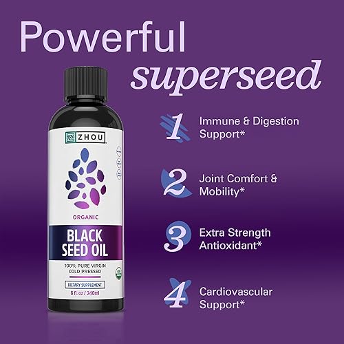 Miniatura 3 de ZHOU Aceite de semilla negra orgánico, aceite de semilla de comino negro prensado en frío, Nigella Sativa, líquido de semillas negras puro sin