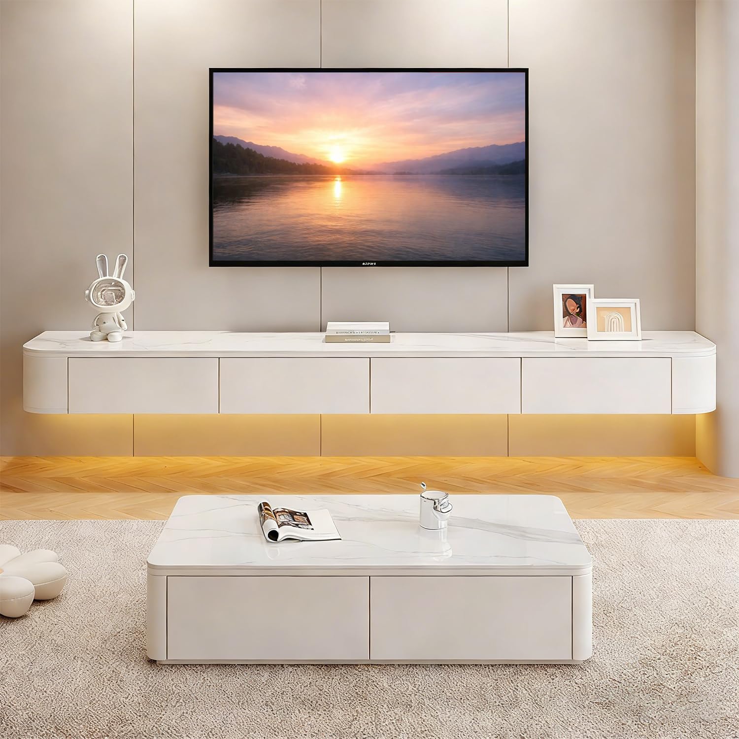 Mueble TV Suspendido Moderna con luz LED | Consola de Medios de Entretenimiento Montada en la Pared | Banco de TV con Gran Capacidad de Almacenamiento para Sala de Estar y Oficina (Textura, 180cm)