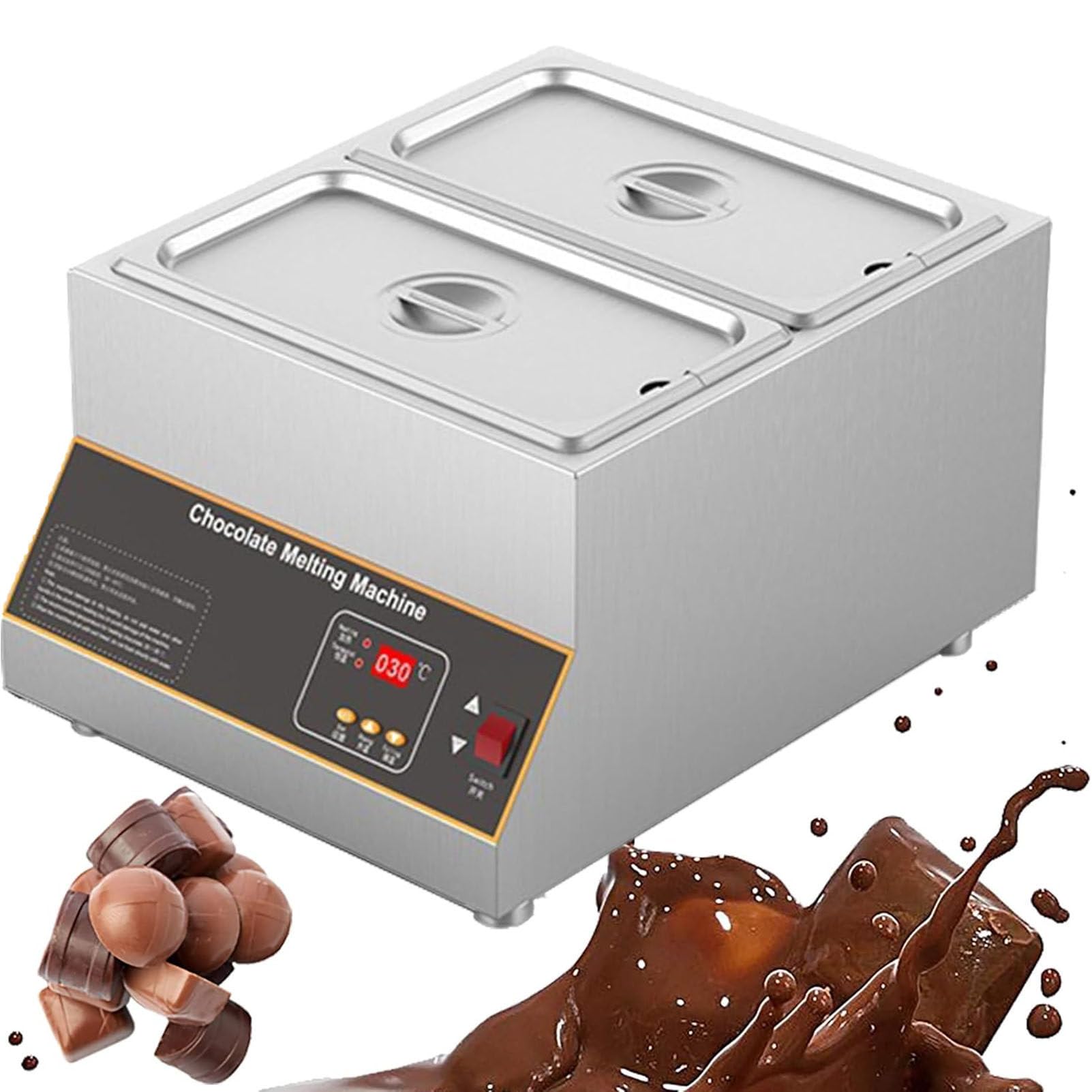 Tempéreuse à Chocolat électrique 500 W, température réglable de 0 à 85 °C, cuve chauffante en Acier Inoxydable 1/2/4 pour Chauffer Le Beurre, la crème et Le Lait. Twin-Cylinder