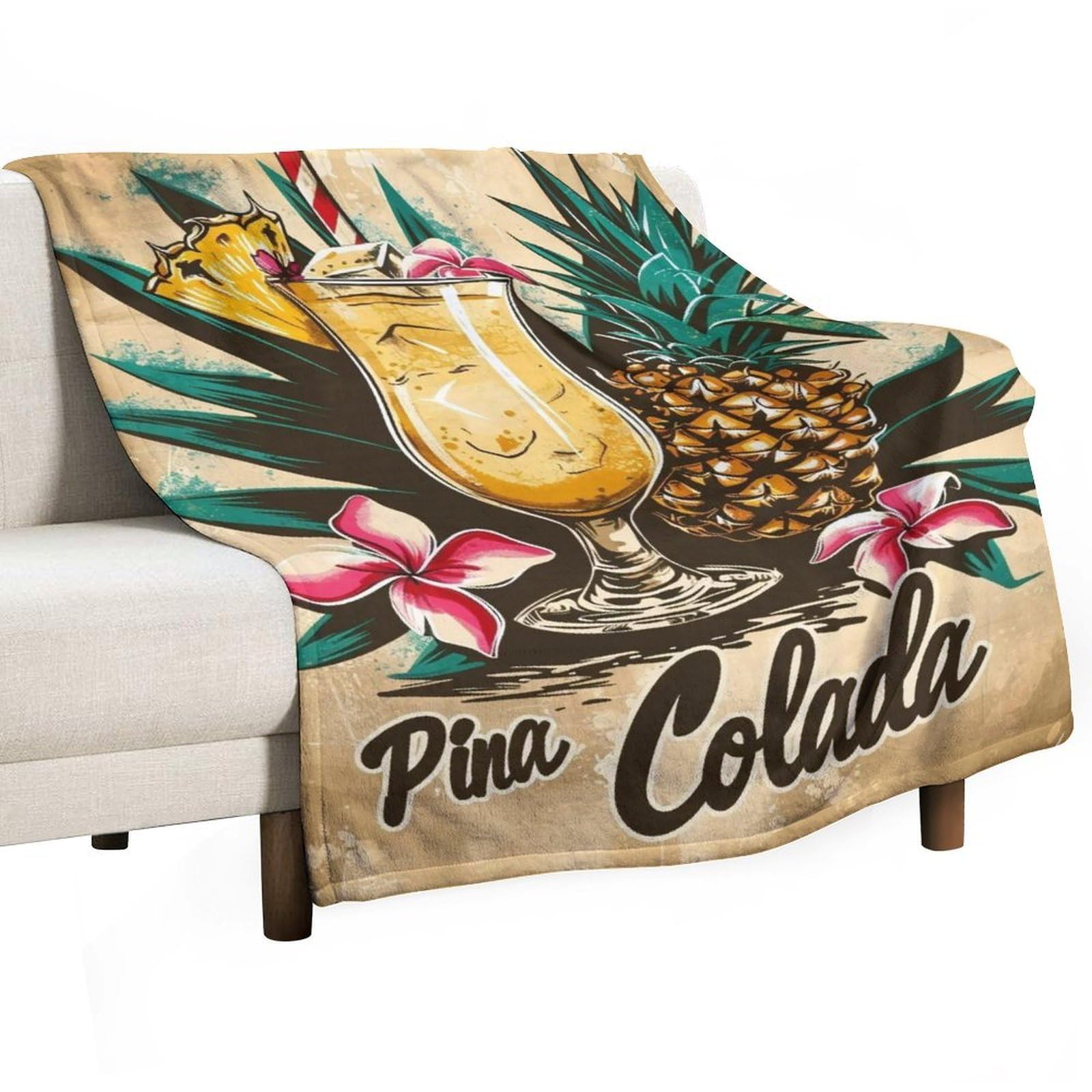 YHGSREUOH Linocut-Tiki-Bar-Pina-Colada-Drink-Fruit_01 Flannel Blankets Fleece Soft Throw Lightweight Plush Gifts for Couch, Bed, Cozy Sofa Plush, Chair, Lovers 130x175cm(50x70in)