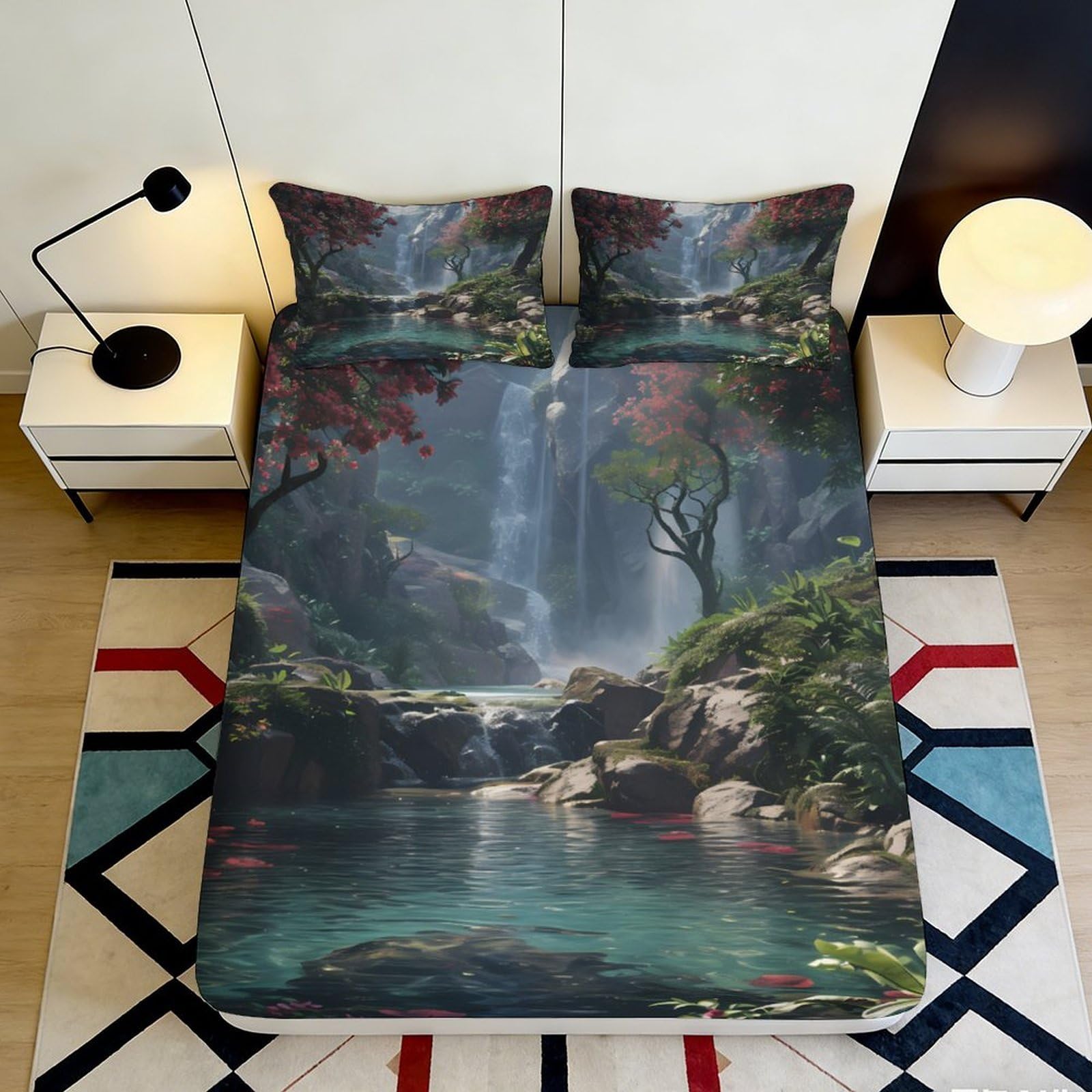 3D Printed Waterfall Forest Fitted Sheet Microfiber Soft Scenic Lake Mattress Cover for Bedroom Guest Room Decor 90x200x25cm
