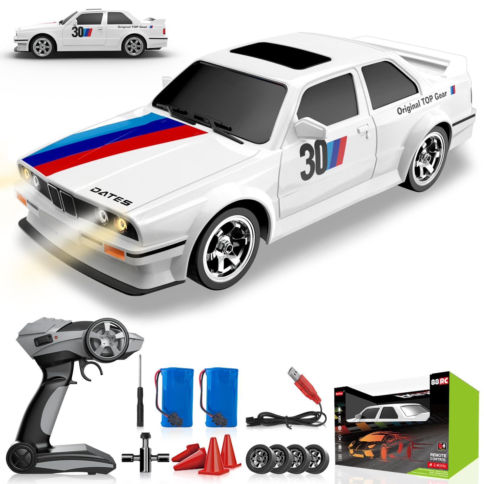 Ruxrcni Remote Control Cars 1:16 Scale RC Drift Car 2.4Ghz 30KM/H High Speed 4WD RTR Racing Car with Drift Tires LED Lights 2PCS Rechargeable Batteries RC Sport Cars Toys for Adults Kids Gift,White