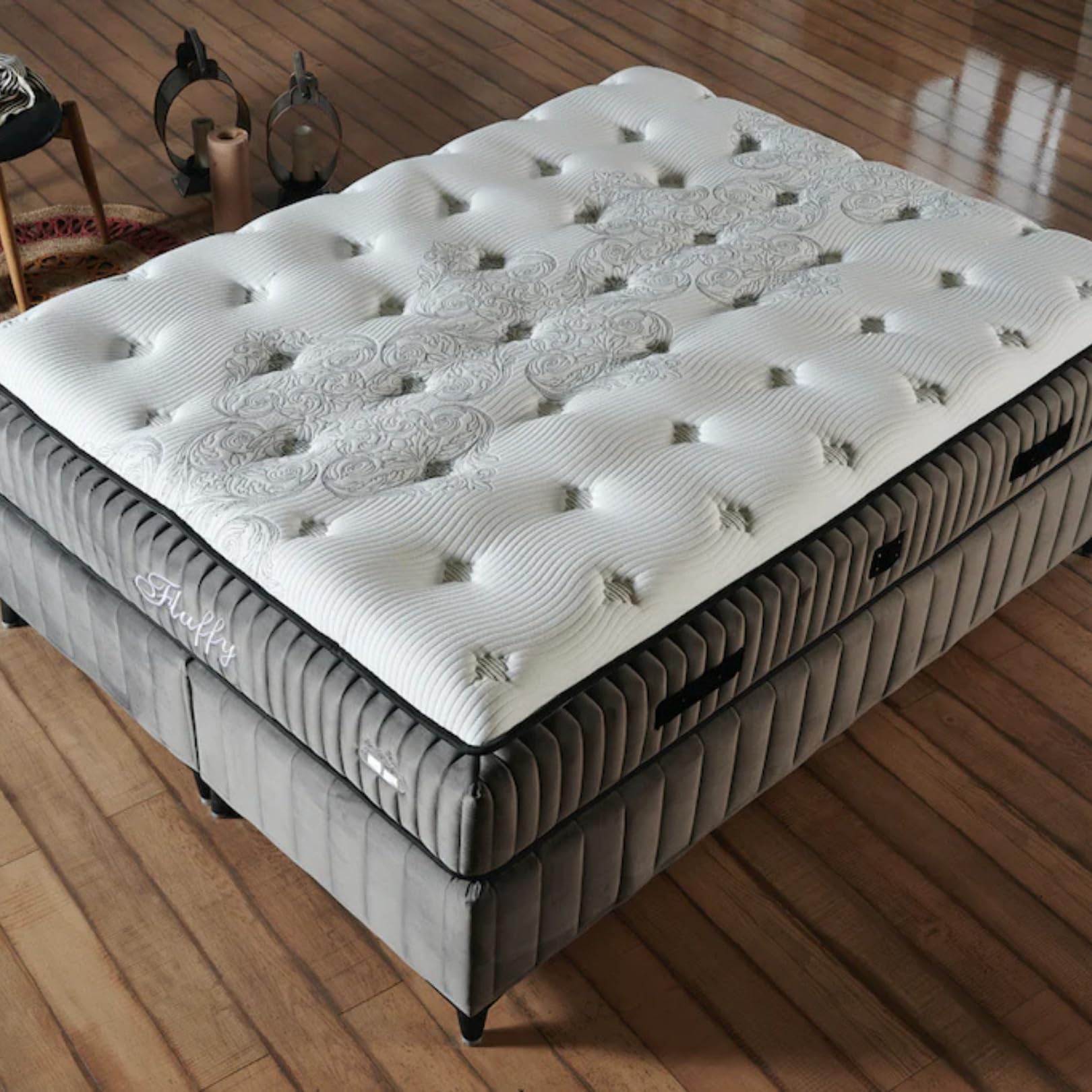 Fluffy Boxspringbett 180x200 cm mit Matratze & Bettkasten | Bett mit Stauraum - Komplettset mit 7-Zonen Orthopädischer Matratze mit Topper – Allergenfrei, Atmungsaktiv | Liegehöhe 67 cm (Grau)