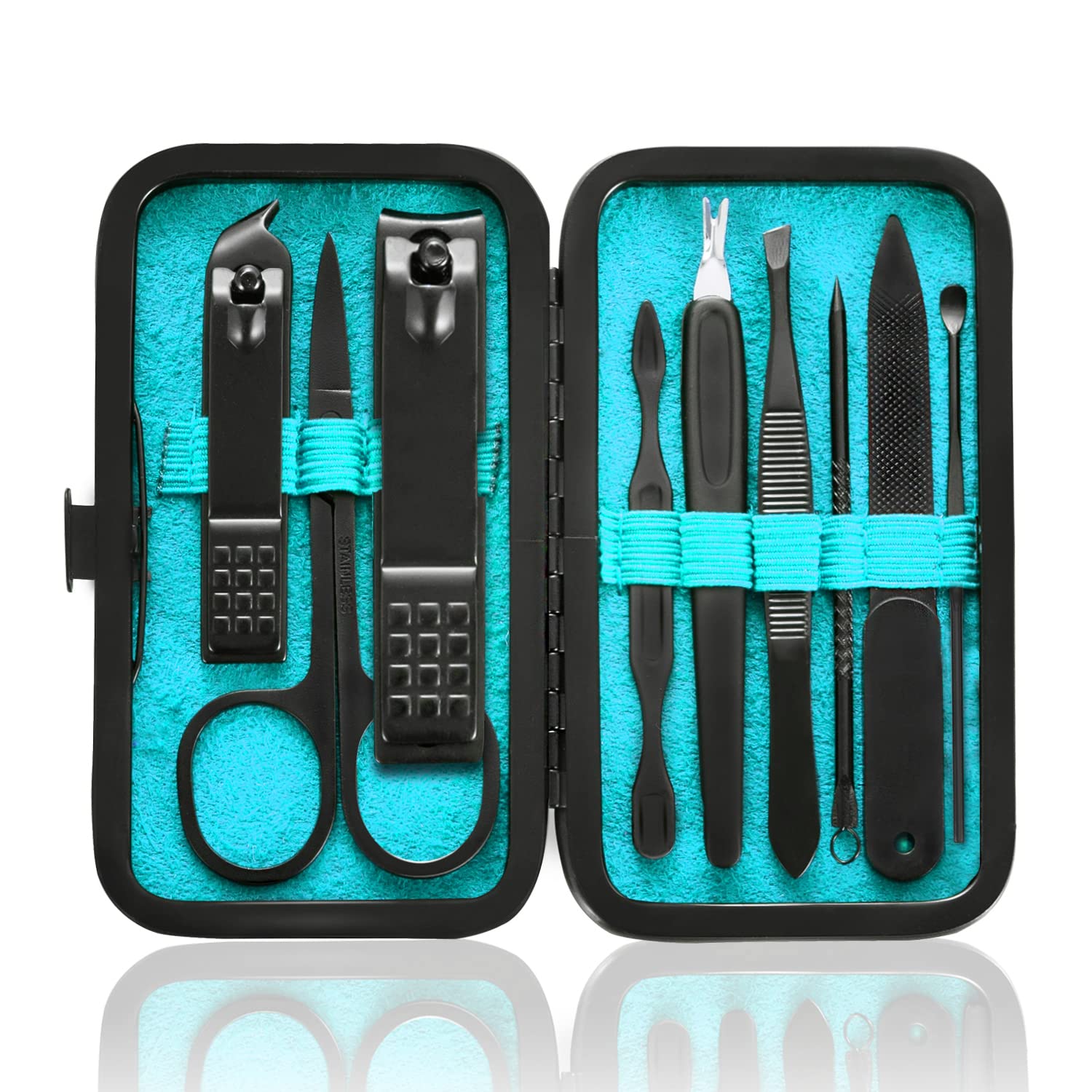 HANTEKAS Manicure Set 9 in 1 Stainless Steel, Nail Clippers Scissors Pedicure Tools Kit - Portable Travel Grooming Kit for Men and Women with Leather