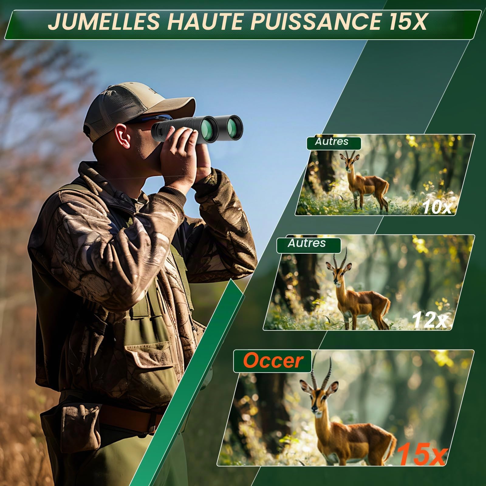 Occer Jumelles 15 x 42 pour observation des oiseaux – Jumelles HD pour adultes haute puissance avec vue large – Jumelles avec vision faible pour la chasse, les croisières, les voyages, la faune – Noir