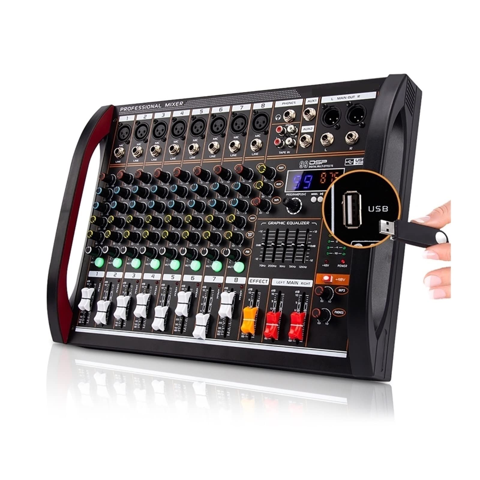Mezclador de DJ, Mezclador Digital de 8 canales, consola mezcladora, USB, potencia ordenador, transmisión en vivo, grabación, equipo DJ profesional