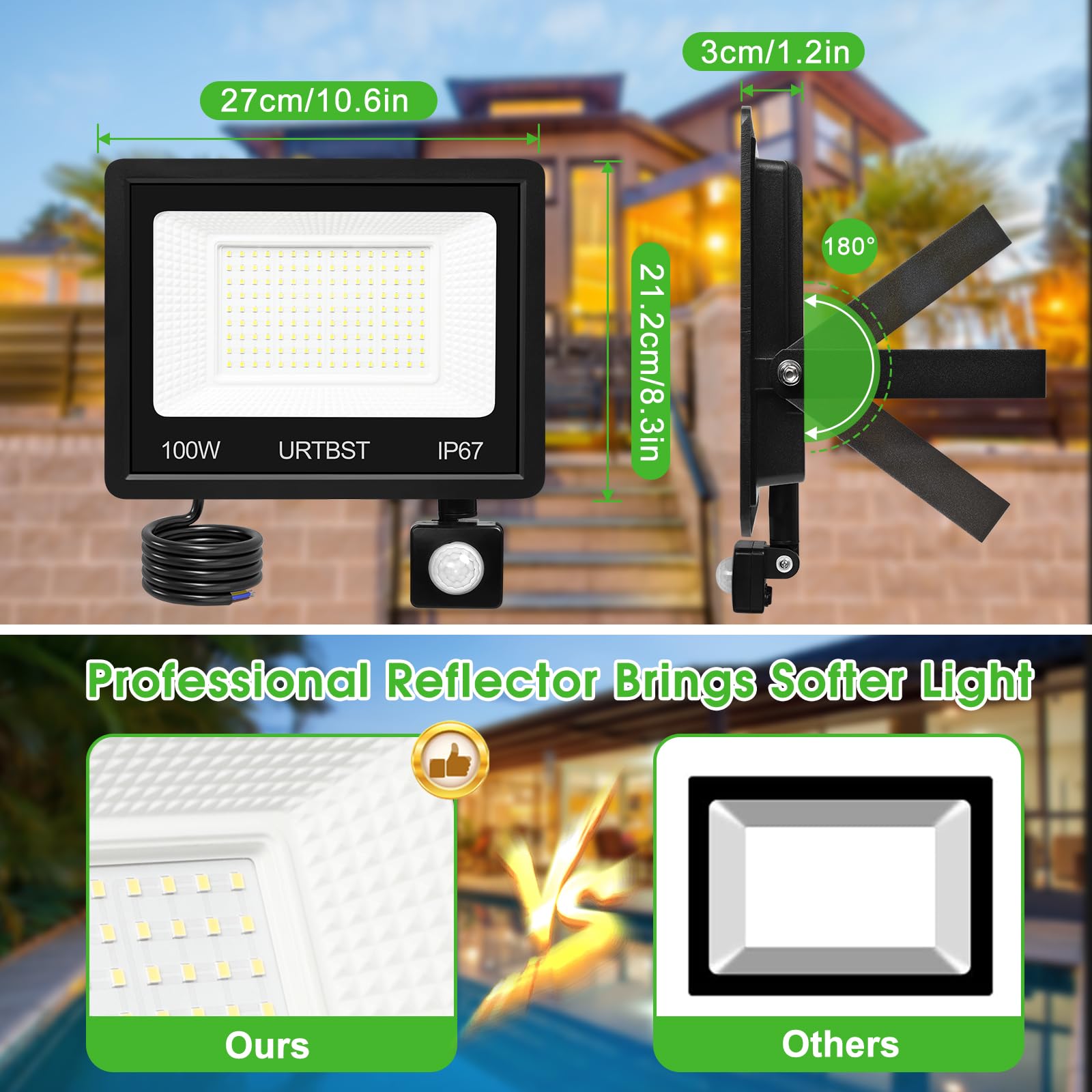 LED Strahler mit Bewegungsmelder Außen,100W 10000LM LED Strahler Außen,LED Fluter IP67 Wasserdichte,LED Scheinwerfer 7000K Kaltweiß Superhell Aussenstrahler für Garten,Innenhöfe,Hof (2 Stück)