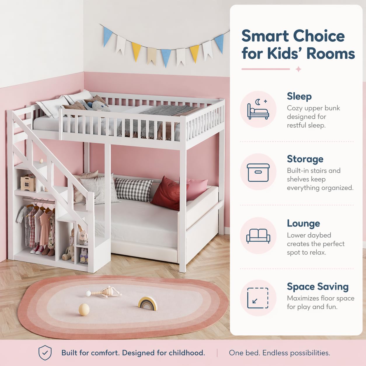 Etagenbett 90x200, Massivholz-Kinderbett mit Sicherheitstreppe & Aufbewahrungsschrank, Platzsparendes Jugendbett mit Lattenrost, Mehrzweck-Spielbett für Kinderzimmer Weiß (90x200cm)