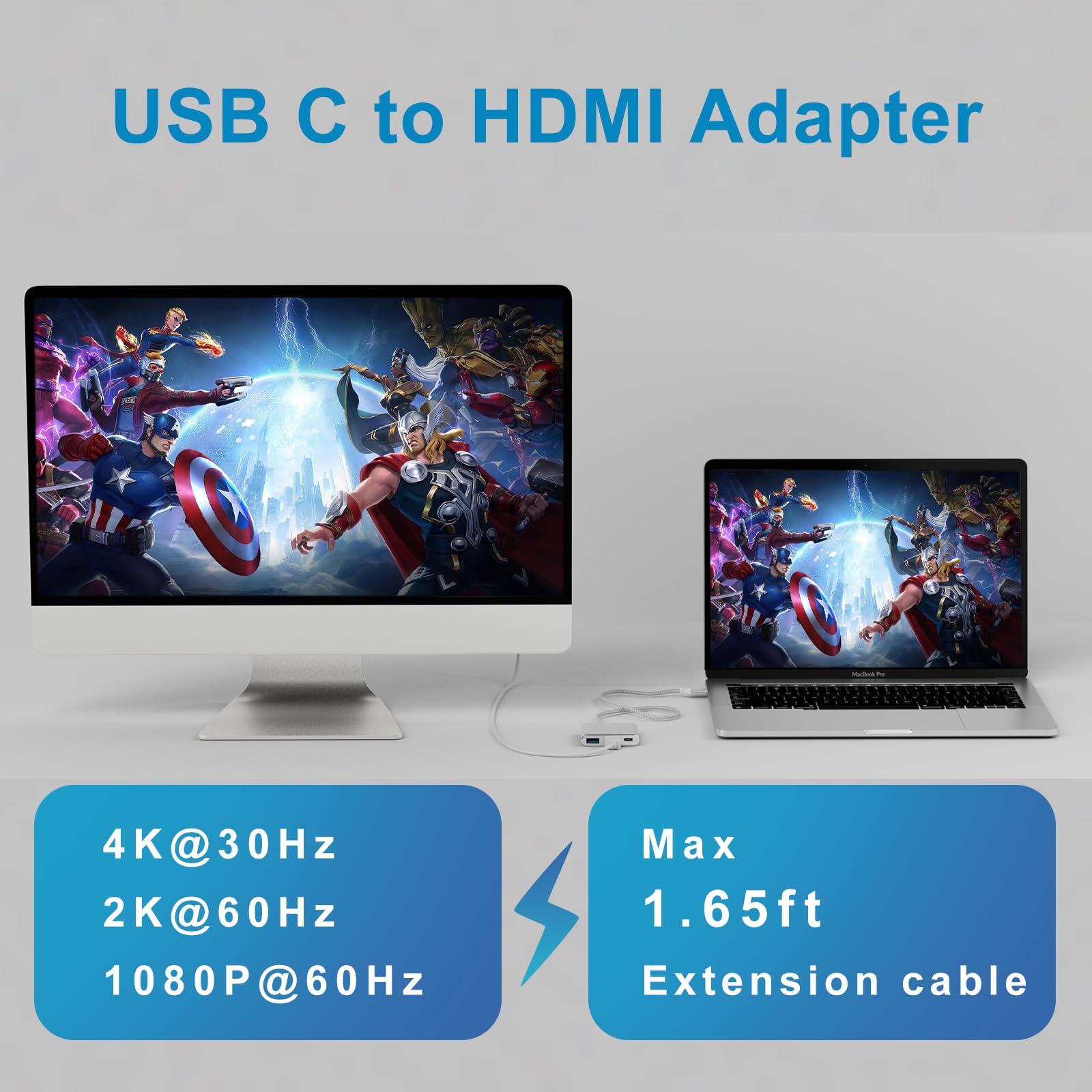 Battony USB-C to 4K HDTV Digital AV Adapter for MacBook Pro/Air, USB 3.0 5Gbps Date Transfer &100W PD & 50cm Braided Cable, Compatible for Mac Pro Air M1 M2 iMac and Other Type C Devices