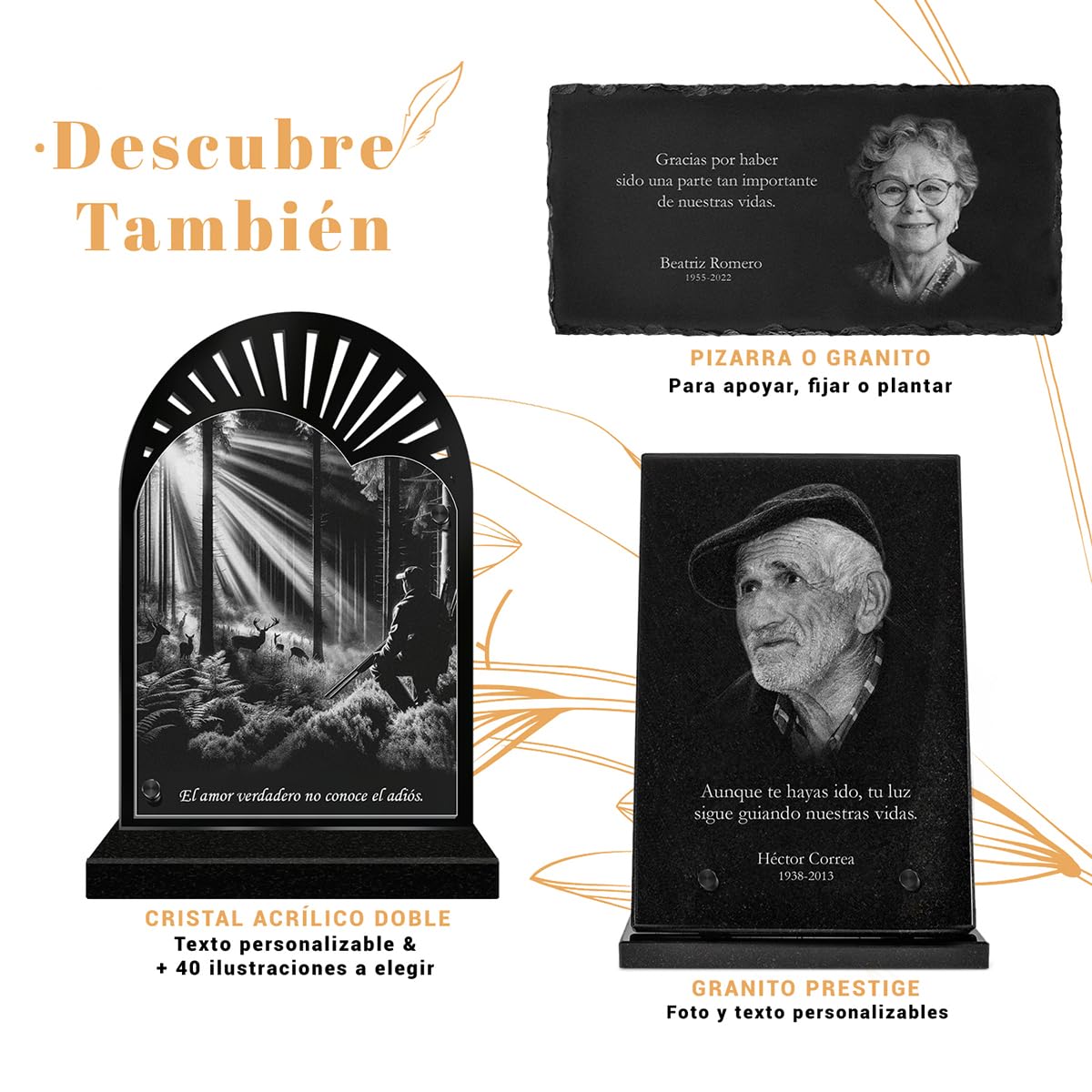 Eternel - Placa Funeraria Personalizada Doble Corazón - Foto Y Texto Personalizable, Placa Funeraria Grabada con Láser para Homenaje, Plexiglás, Lápida, Mortuorio, Ceremonia, Luto