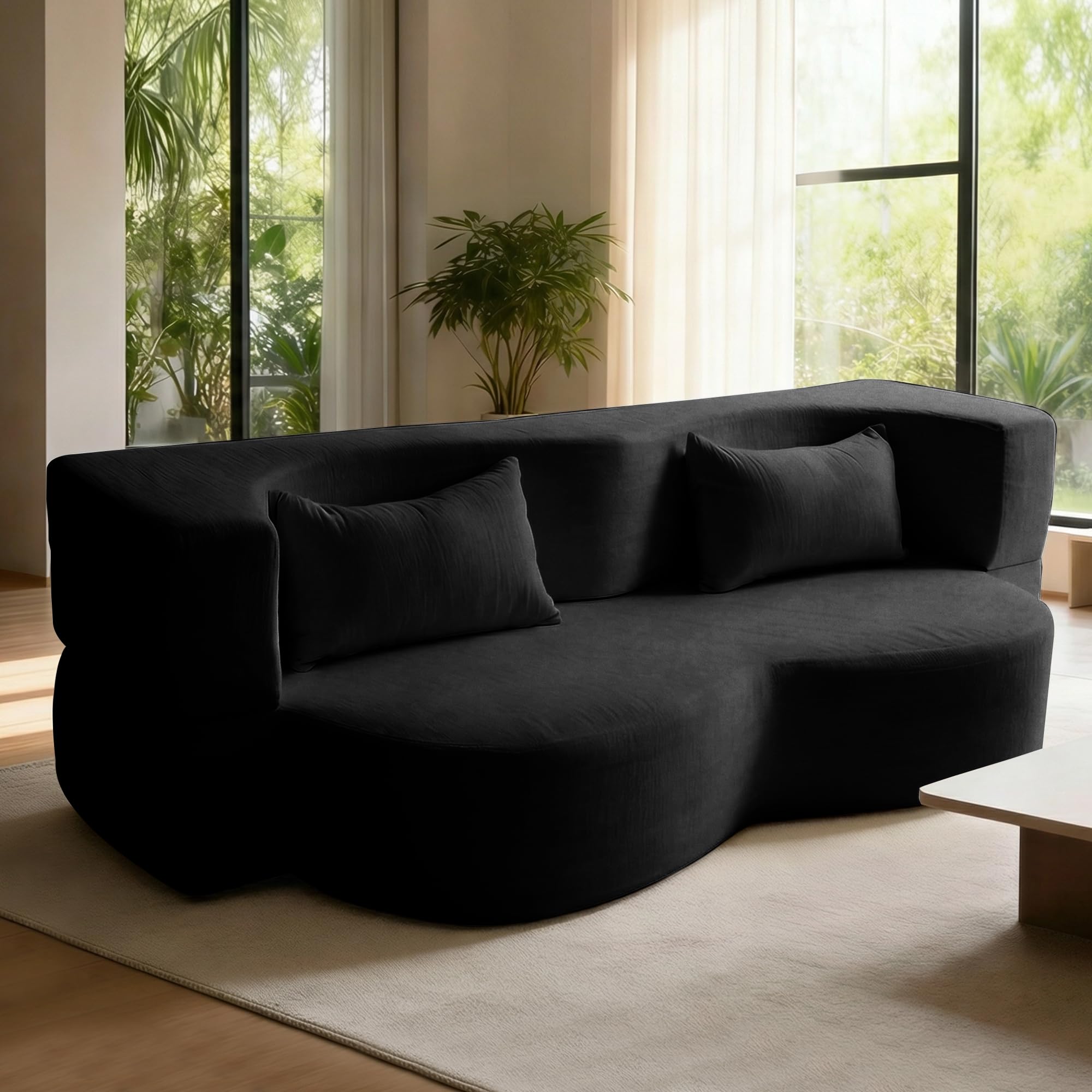 78.35" Loveseat Sofa Bed, Modern 2-in-1 Convertible Curved Floor Love Seat Couch, Teddy Fabric Memory Foam Cloud Couch with 2 Pillows No Assembly for Living Room, Apartment, Small Space