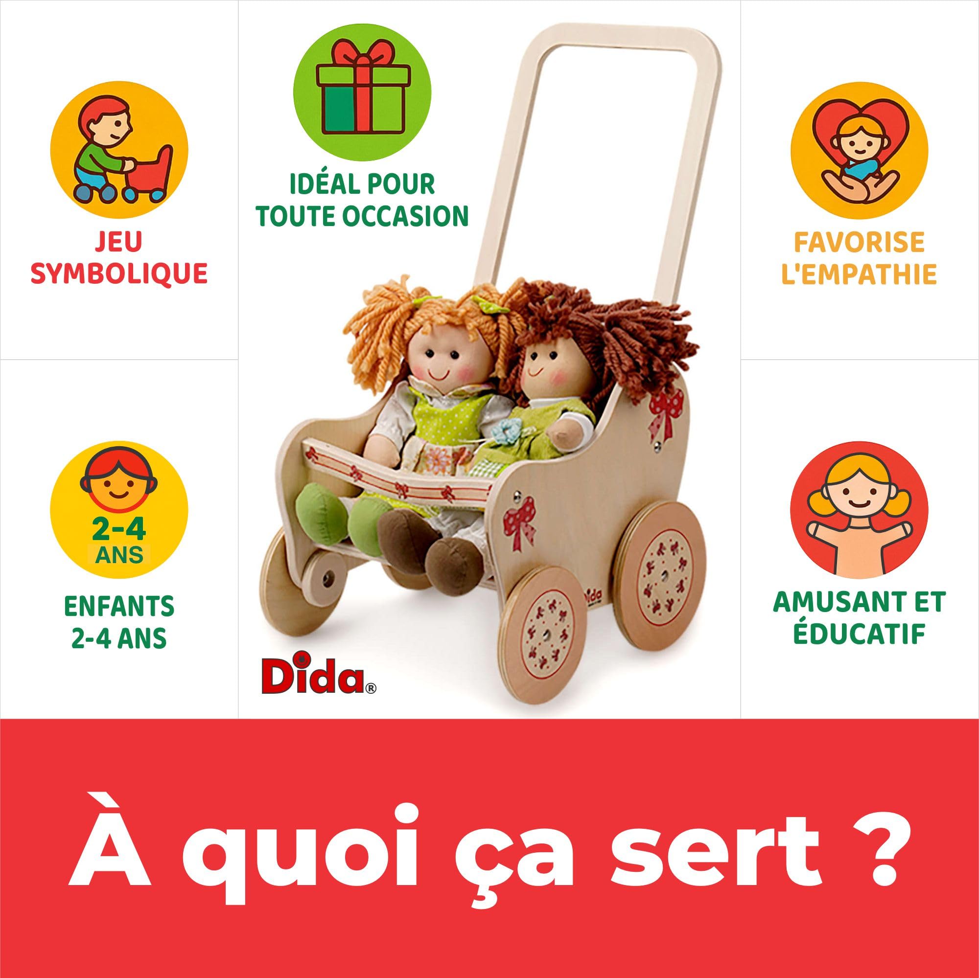 Dida Poussette Nœud pour Poupées - Landau en Bois Élégant, Adapté pour Poupées jusqu'à 35 cm, Parfait pour Jeux de Rôle Éducatifs, Idéal pour Enfants de 2, 3, 4 Ans