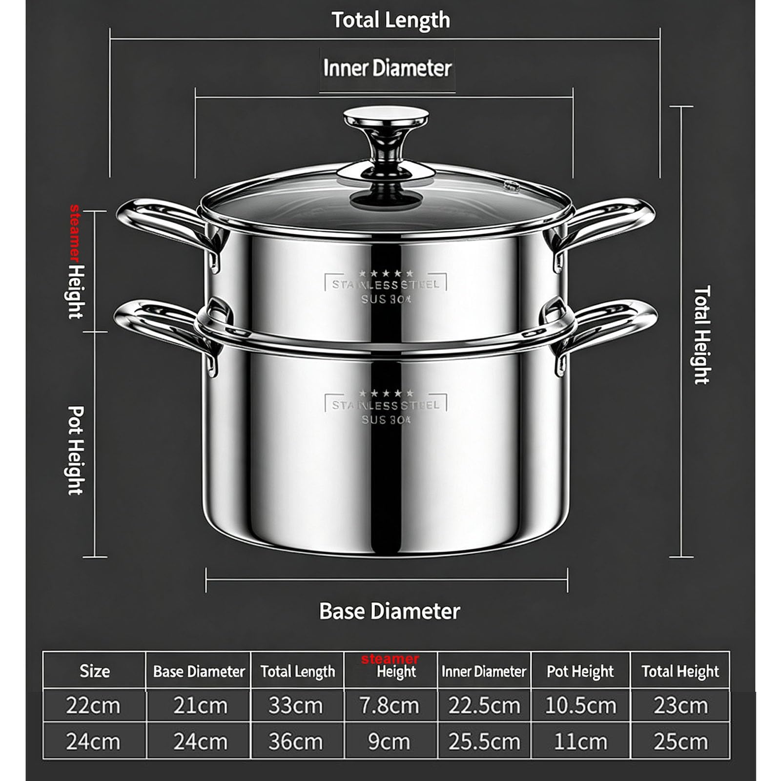2-stöckiger Dampfgartopf aus Edelstahl mit Glasdeckel | Großer Suppentopf, kompatibel mit Induktion und Gas, for Kochen mit der Familie(22cm)