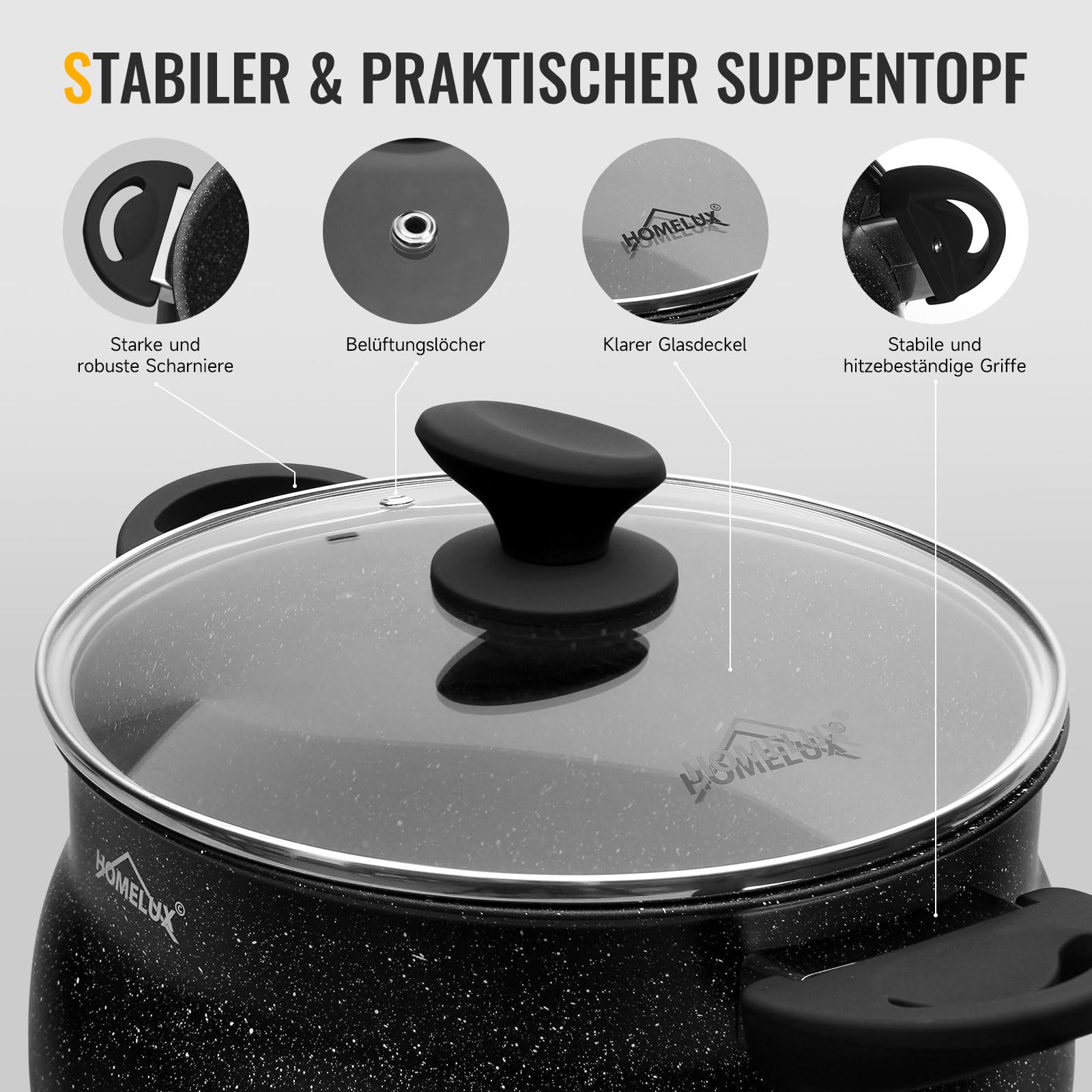 Homelux Topf Mit Glasdeckel, Antihaftbeschichtung, Induktions, 30 cm, 15 L | Für alle Herdarten, Aluminium Kochtopf